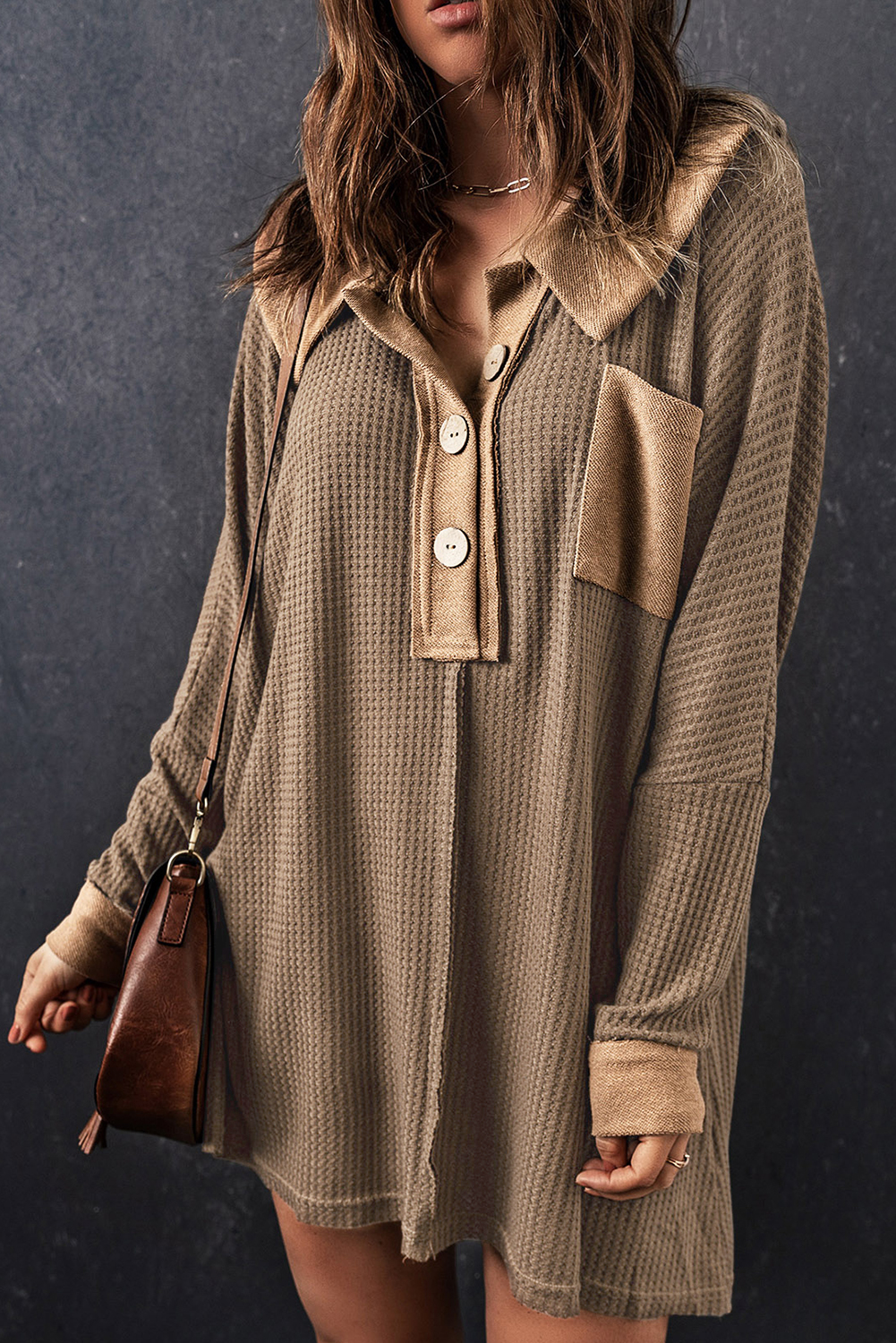 Brown Waffle Knit Buttoned Long Sleeve Top - loveforevers