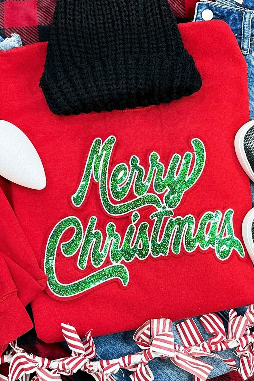 Red Merry Christmas Crewneck Drop Shoulder Loose Sweatshirt - loveforevers