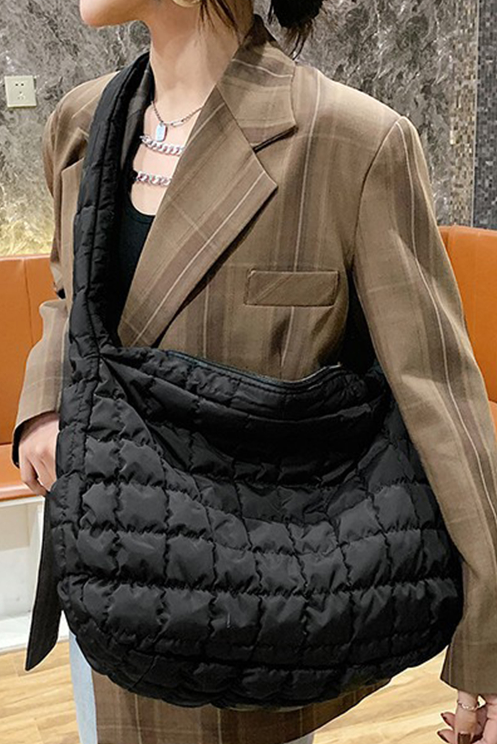 Black Quilted Zipper Large Shoulder Bag - loveforevers