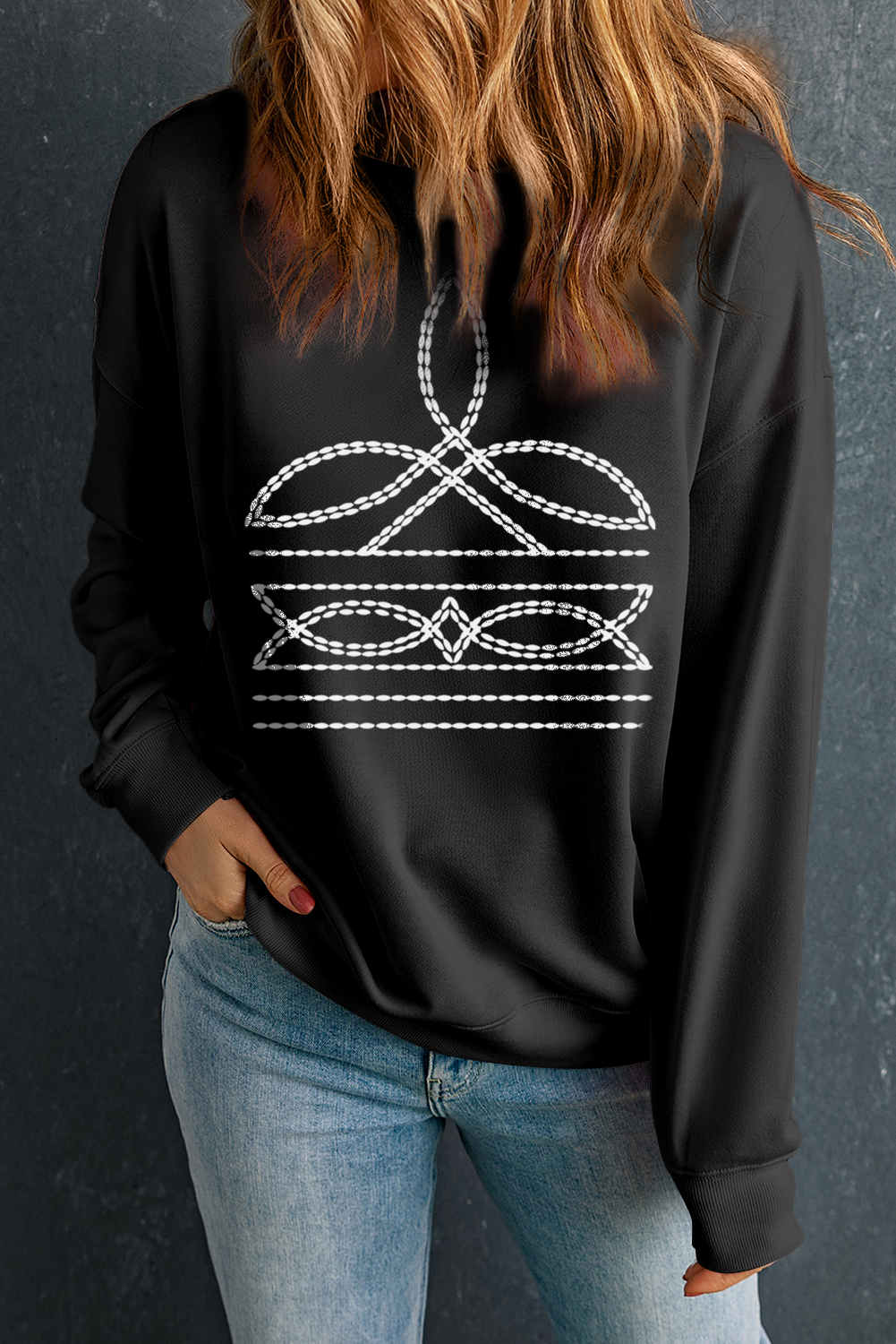 Black Western Pattern Print Round Neck Pullover Sweatshirt - loveforevers