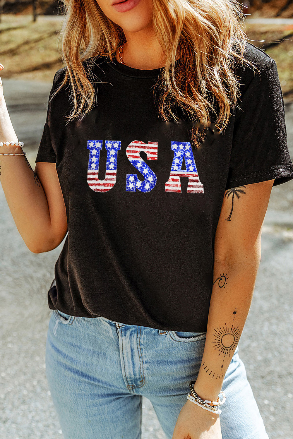 Black USA Stars and Stripes Crew Neck Graphic Tee - loveforevers