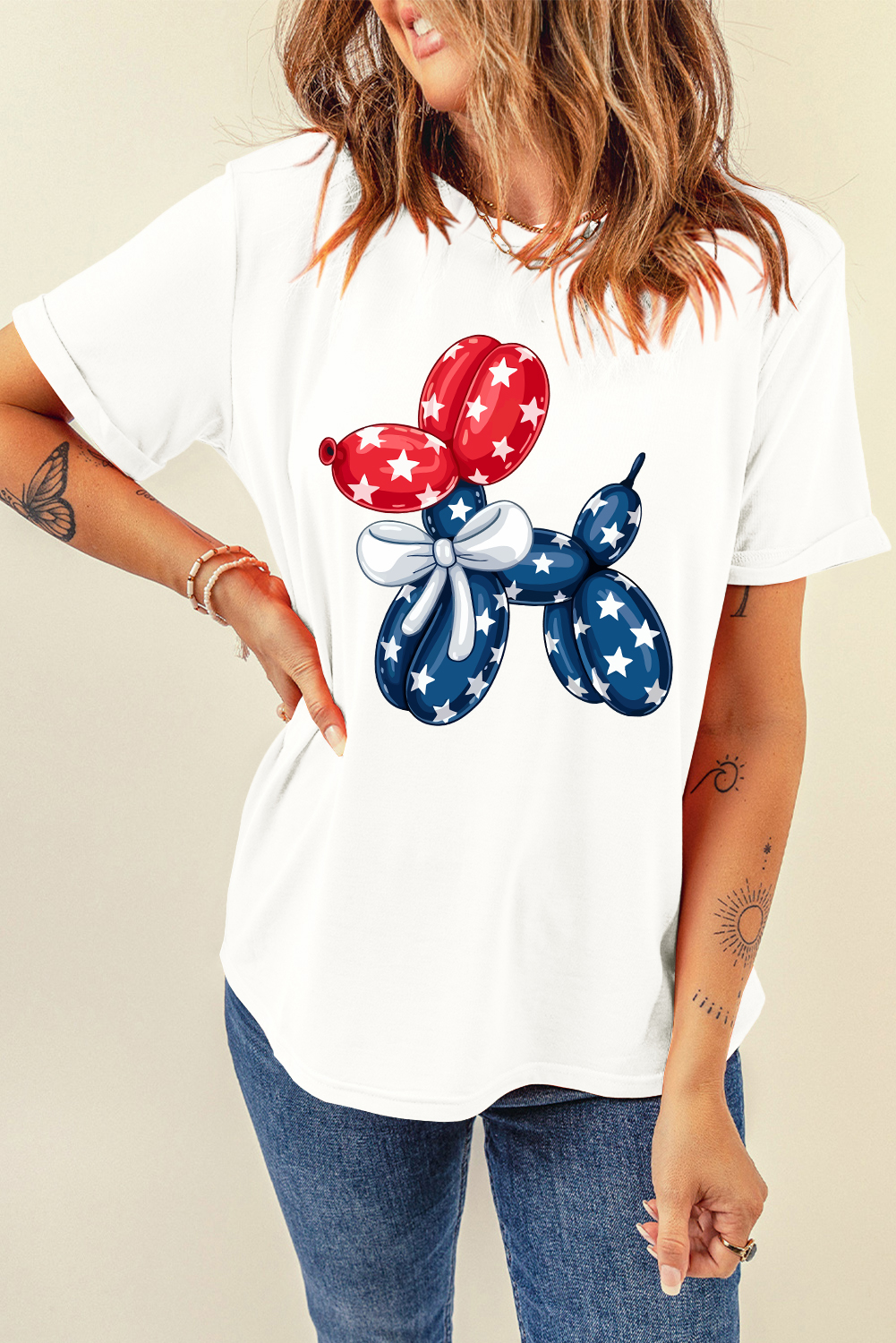 White American Flag Inspired Balloon Dog Graphic Cotton Blend T Shirt - loveforevers