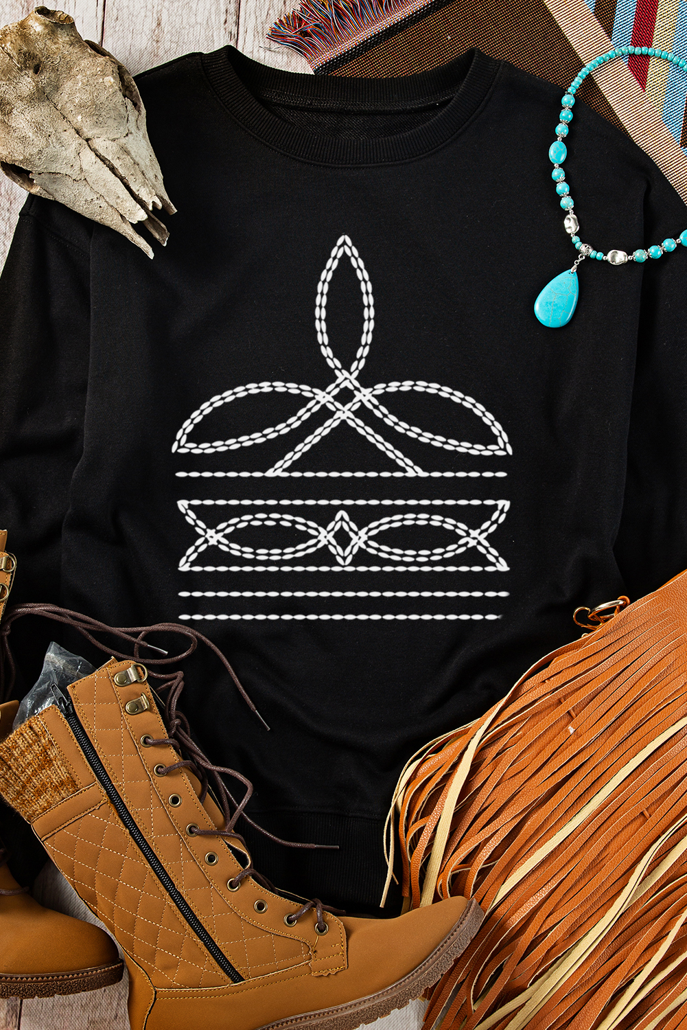 Black Western Pattern Print Round Neck Pullover Sweatshirt - loveforevers