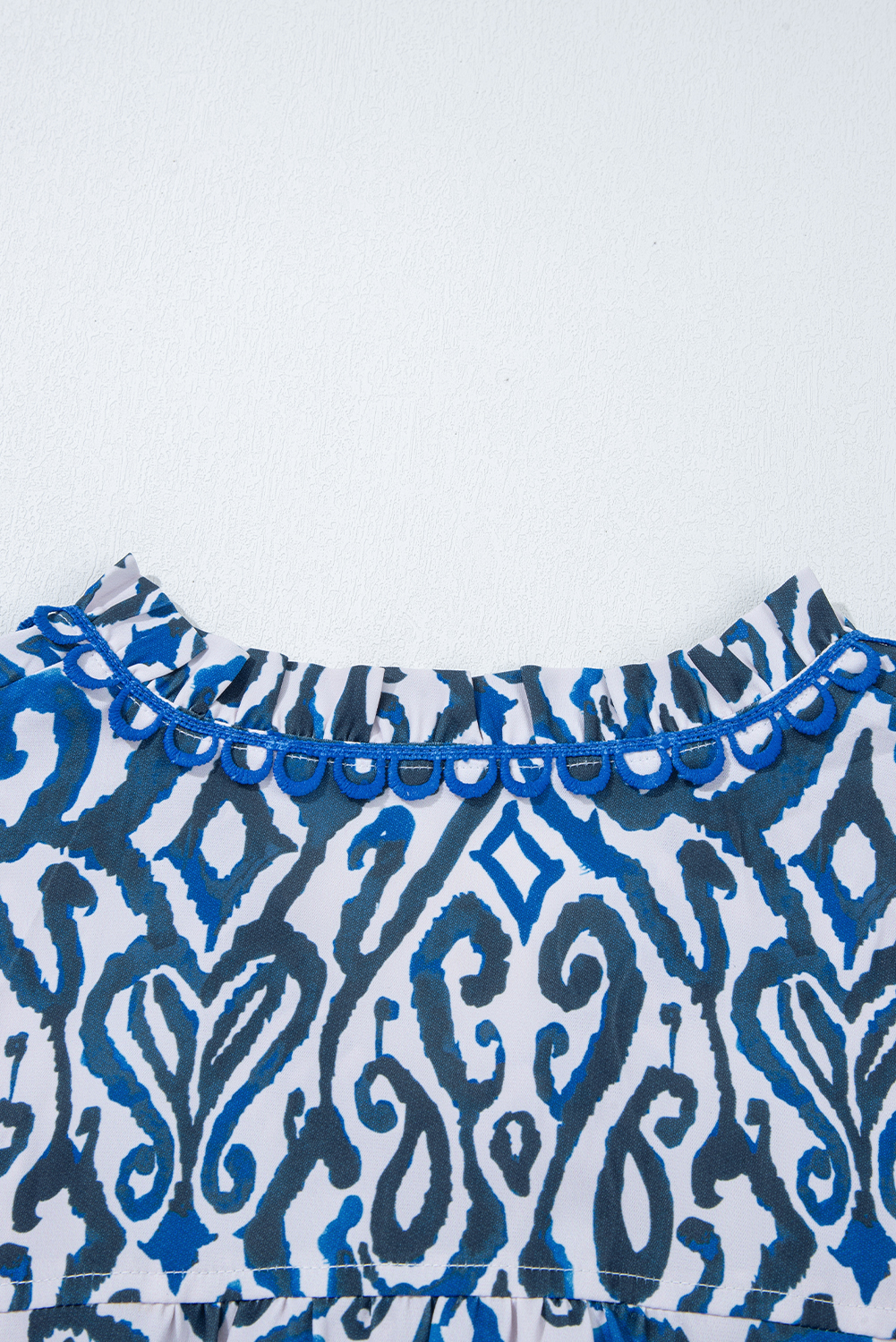 Blue Bohemian Print Embroidered V Neckline Detail Long Sleeve Shirt - loveforevers