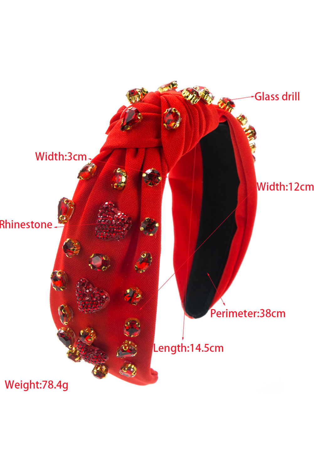 Fiery Red Rhinestone Heart Glass Drill Studded Knotted Wide Headband - loveforevers