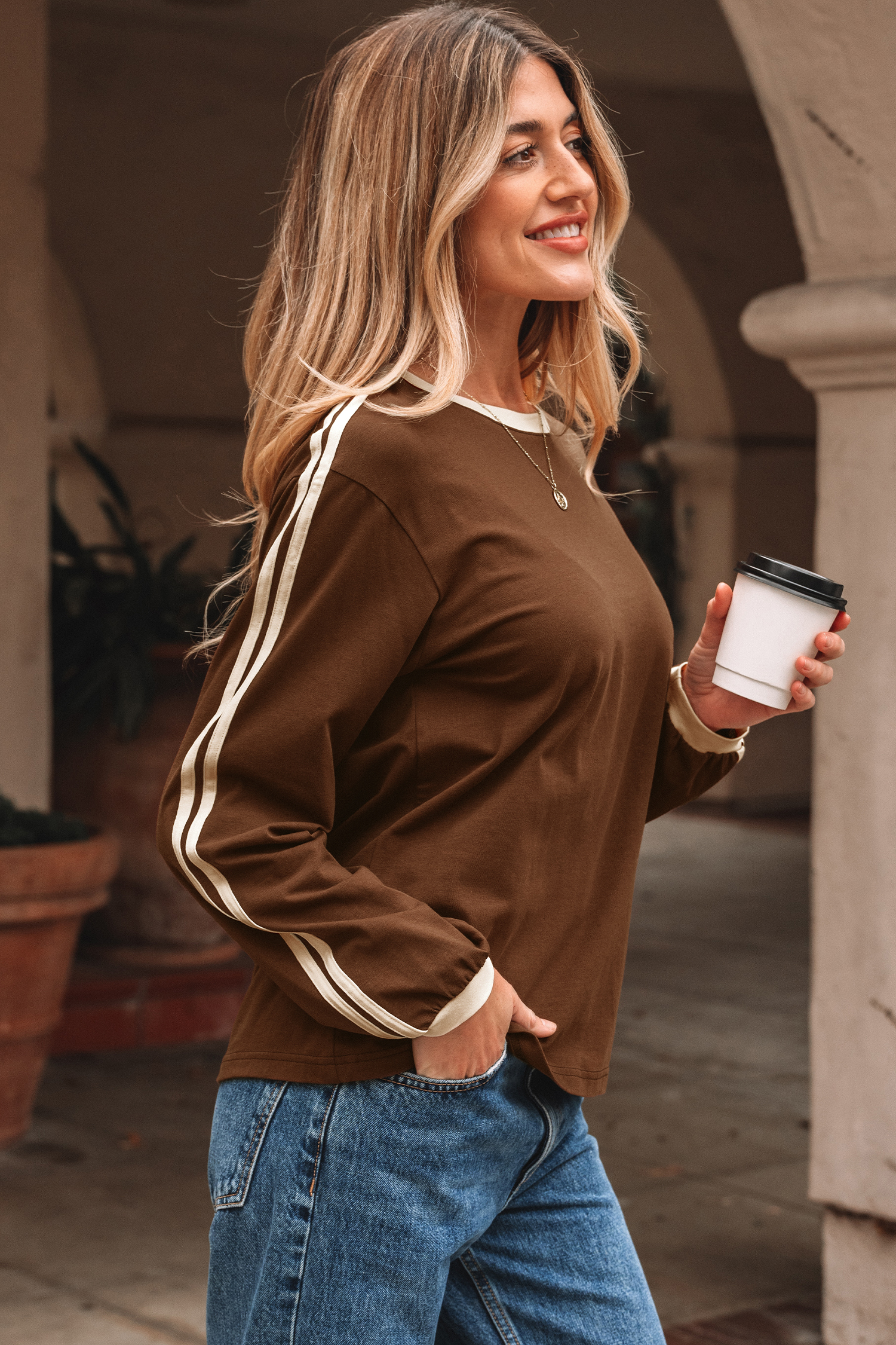 Dark Brown Varsity Striped Accent Contrast Crew Neck Long Sleeve T Shirt - loveforevers