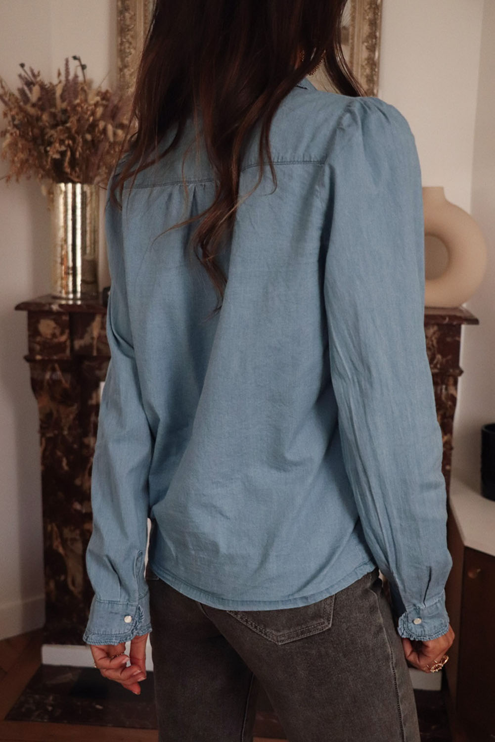 Dusk Blue Turn-down Collar Chambray Shirt - loveforevers
