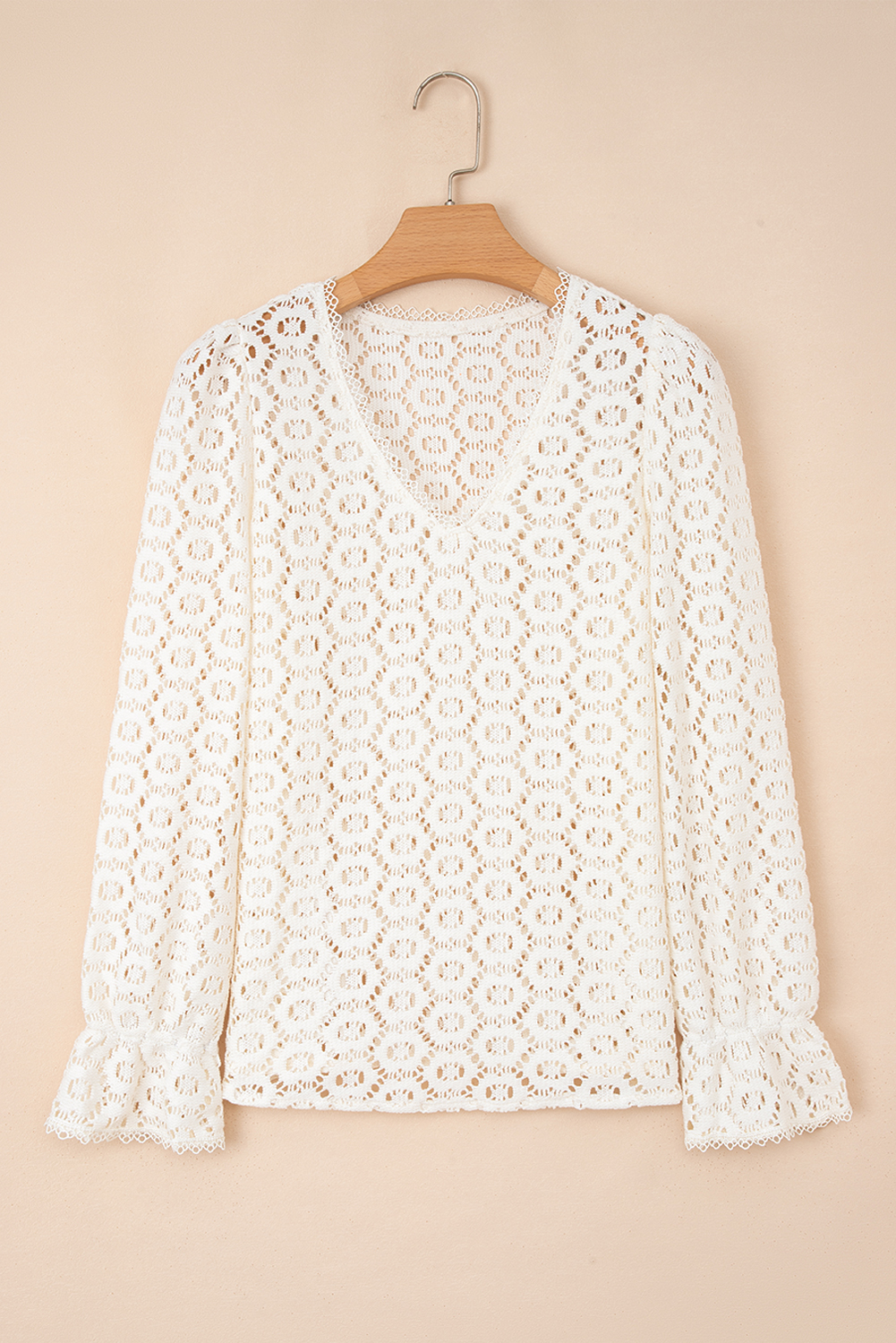 Beige Flower Lace V Neck Ruffled Sleeve Top - loveforevers