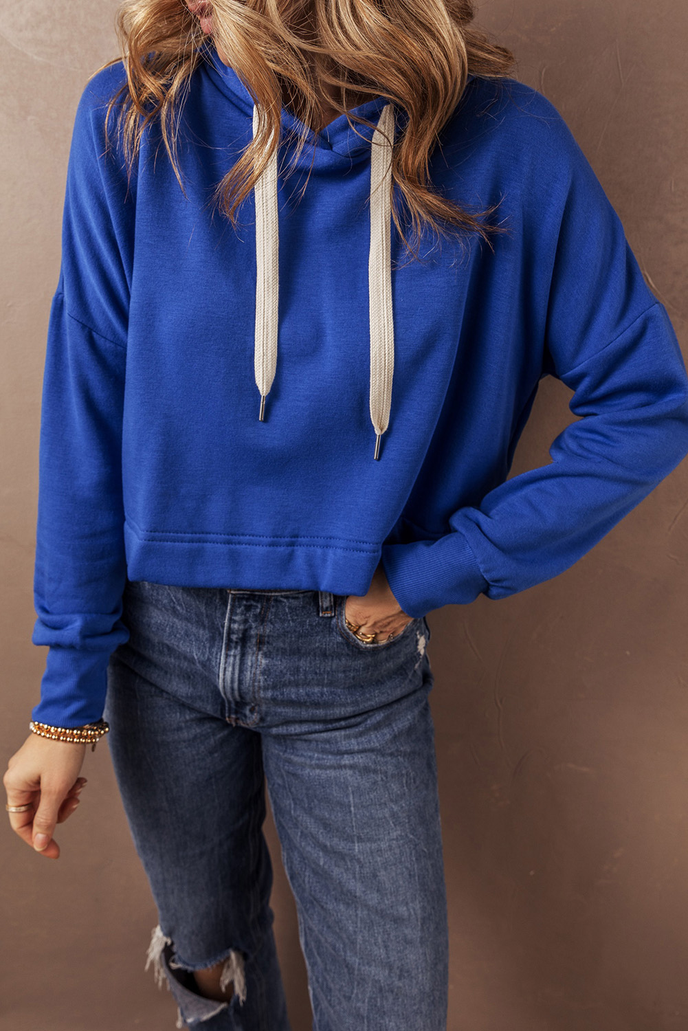 Black Solid Drop Shoulder Drawstring Cropped Hoodie - loveforevers