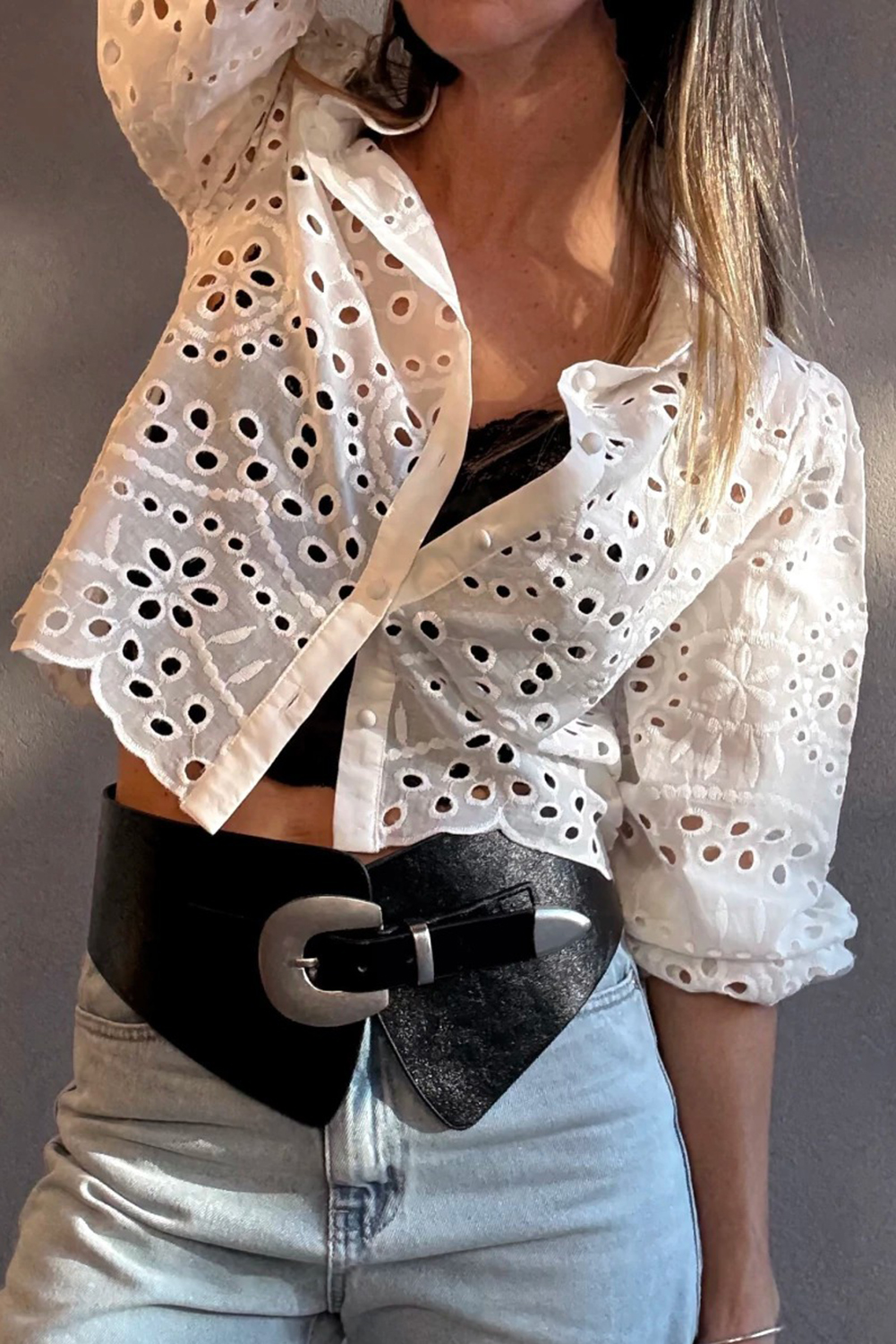 White Eyelet Embroidered Puff Sleeve Crop Shirt - loveforevers