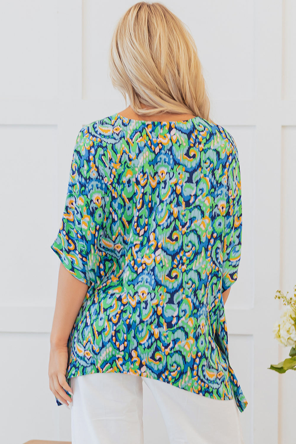 Pink Abstract Print V Neck Half Sleeve Loose Fit Tunic Blouse - loveforevers
