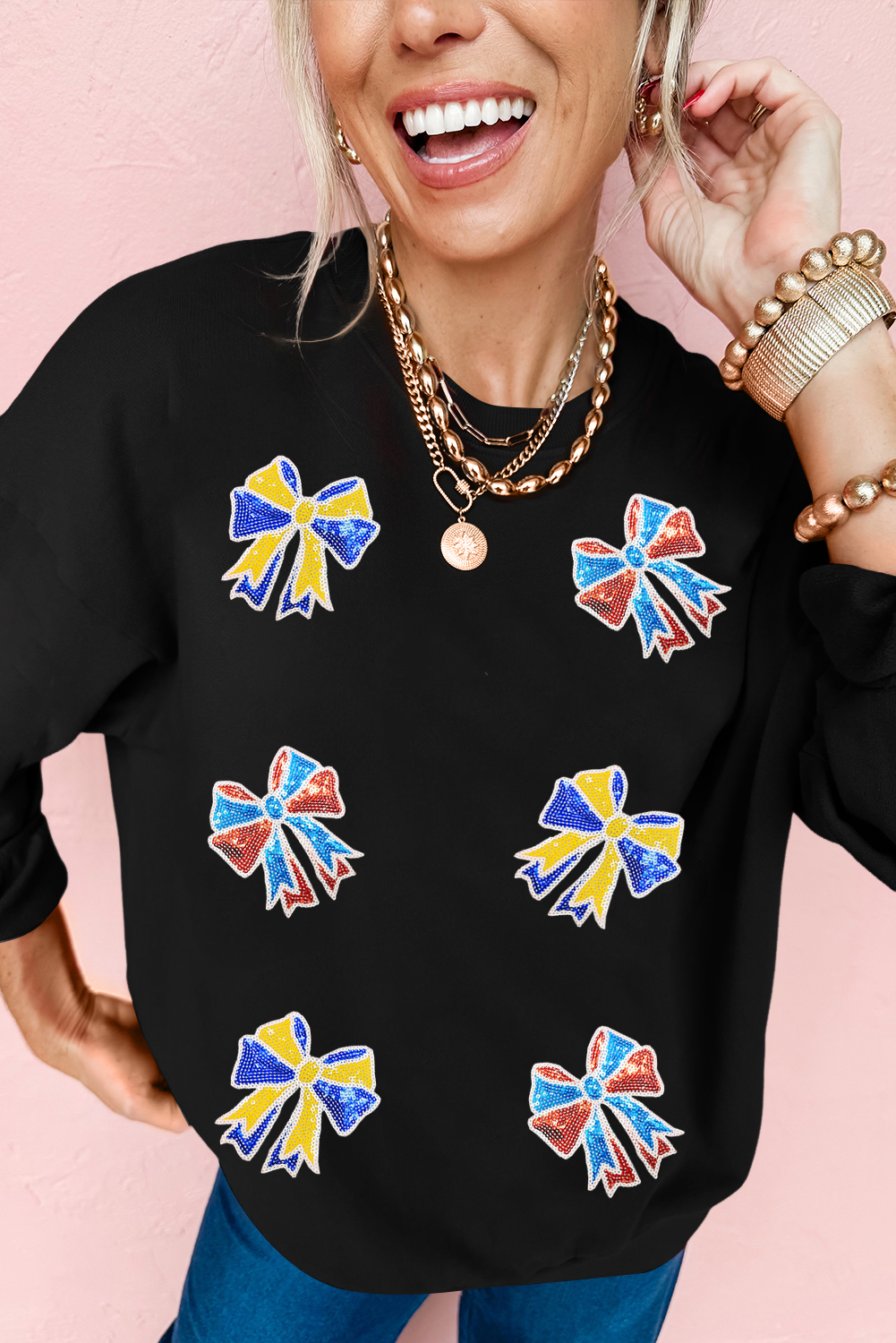 Black Shimmering Bow Patched Pattern Game Day Sweatshirt - loveforevers