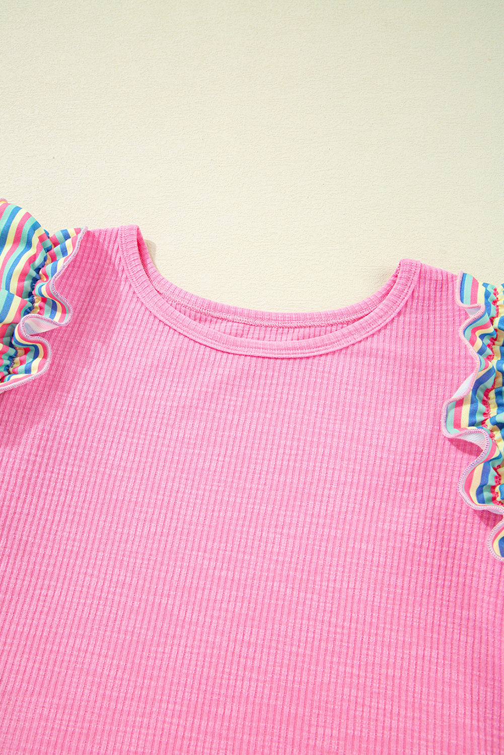 Bonbon Striped Ruffle Flutter Sleeve Ribbed Blouse - loveforevers
