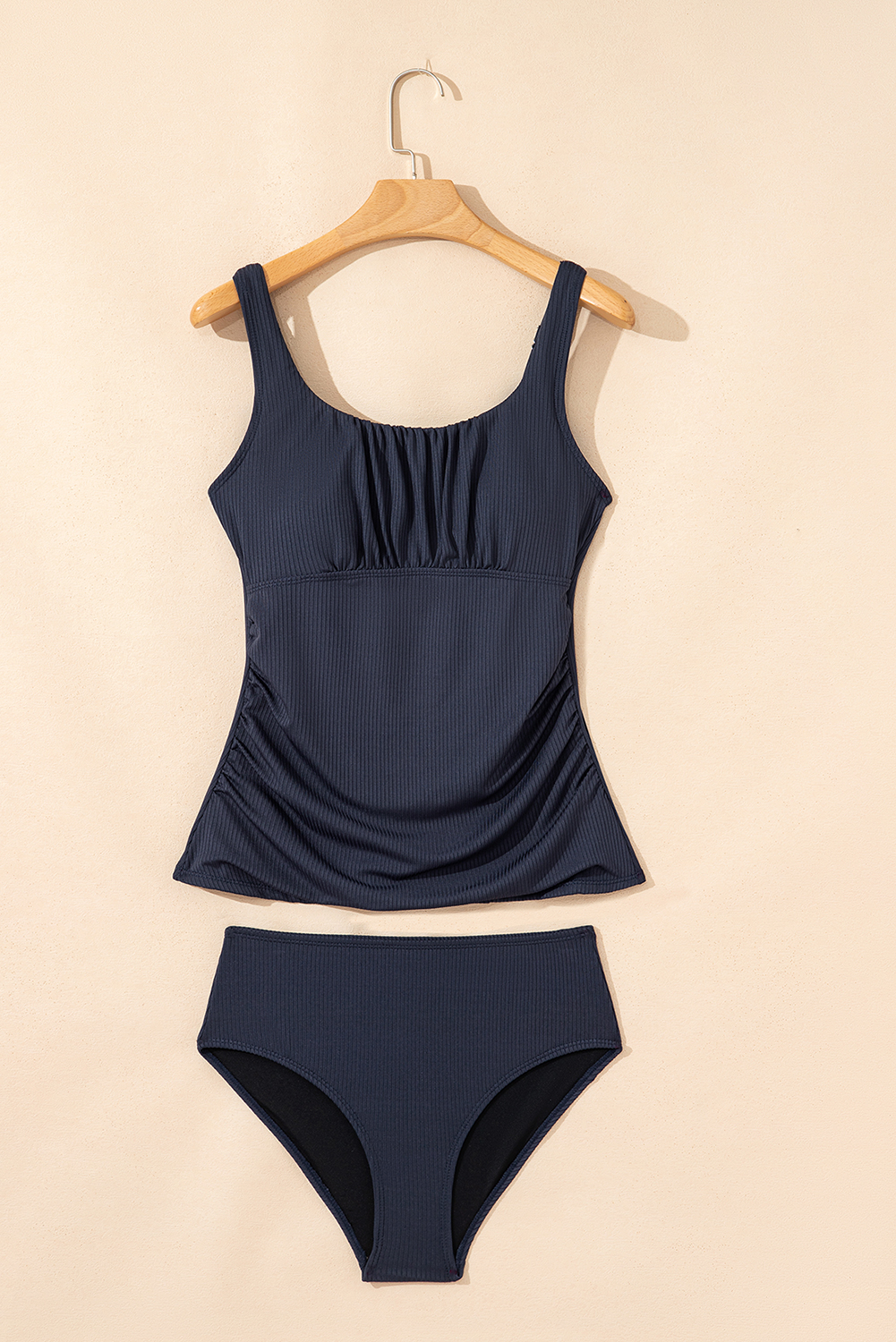 Blackish Green Ruched U Neck Ribbed Tankini - loveforevers