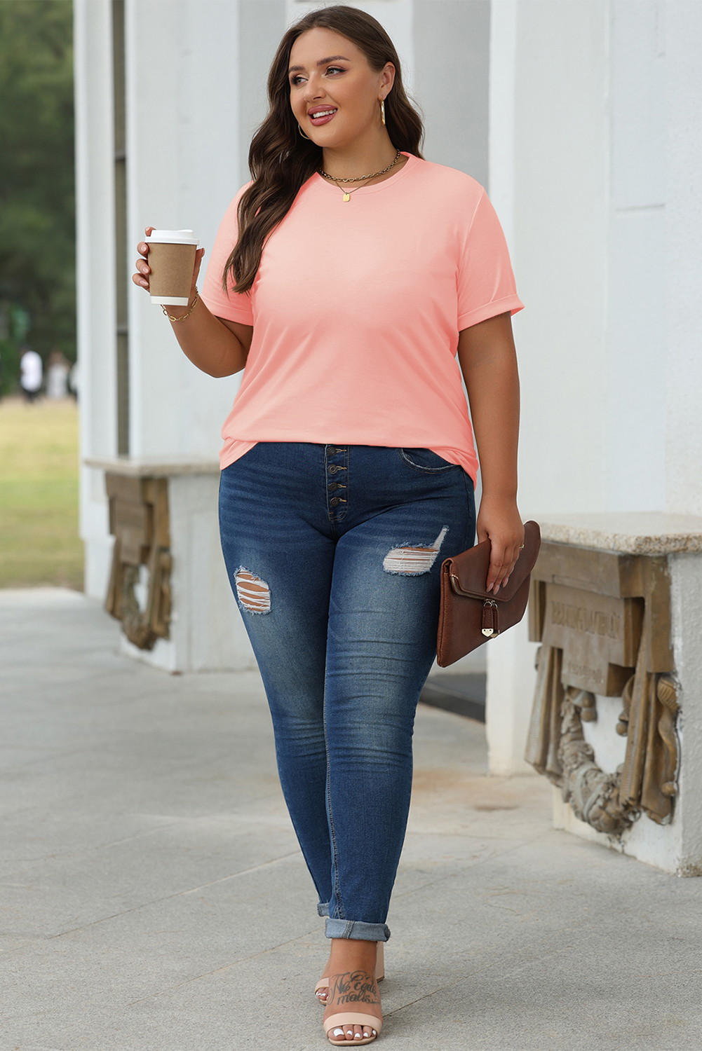 Khaki Casual Plain Crew Neck Tee - loveforevers