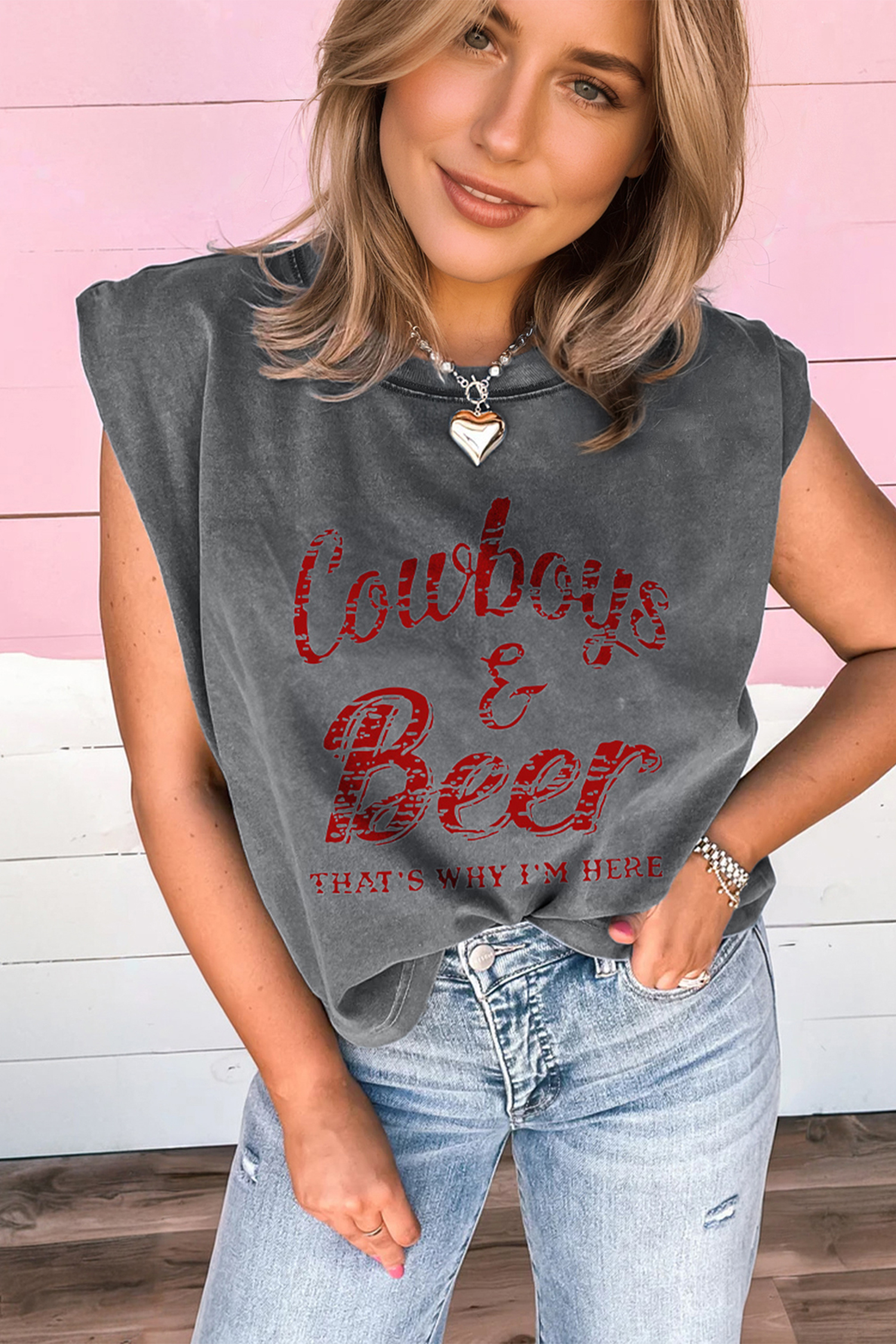 Smoke Gray Cowboy & Beer Western Graphic Mineral Wash Tank Top - loveforevers