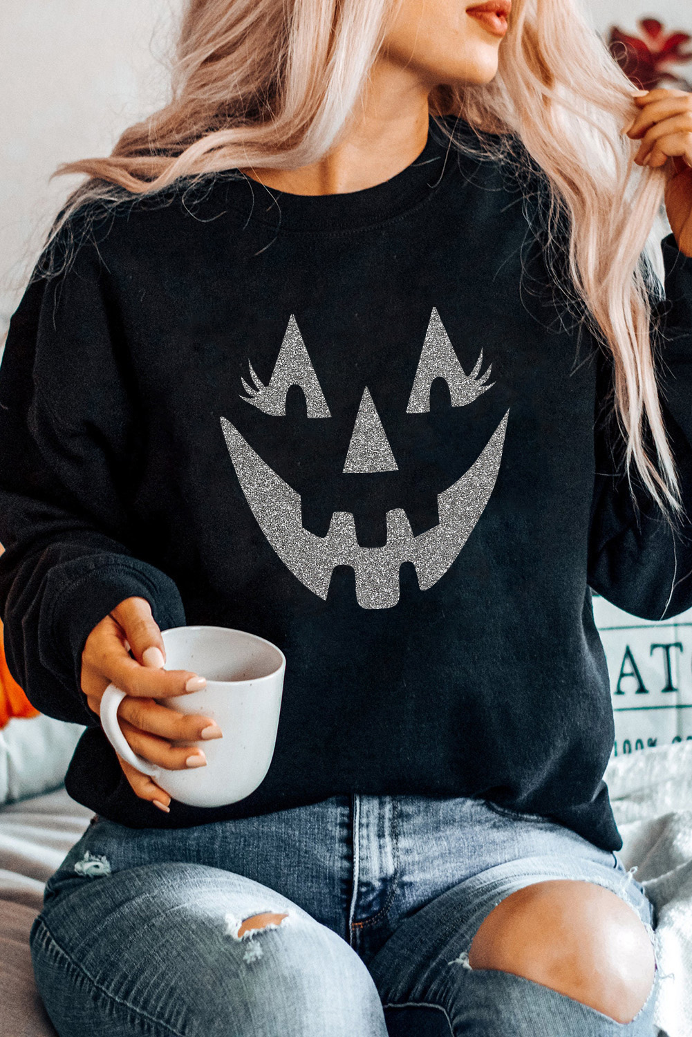 Black Spooky Face Printed Halloween Fashion Baggy Sweatshirt - loveforevers