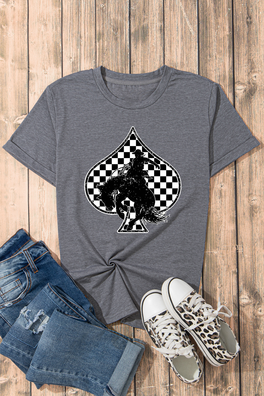 Gray Redeo Check Spades Western Graphic T Shirt - loveforevers