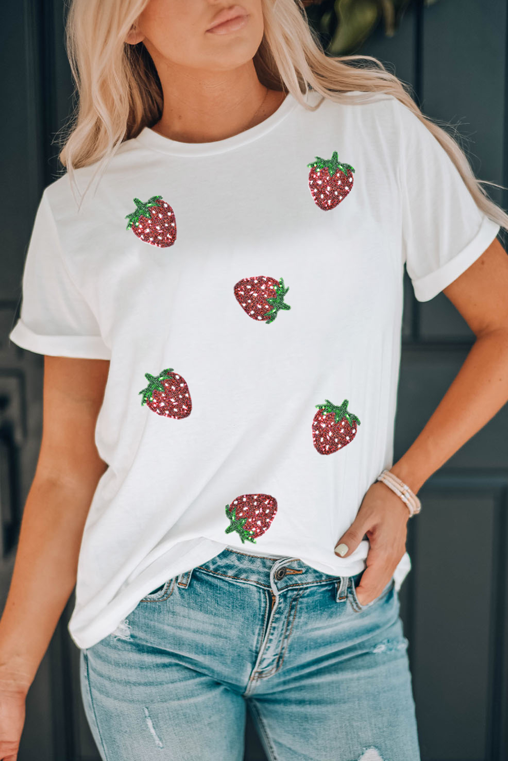 White Sequin Bow Strawberry Graphic Crew Neck T Shirt - loveforevers