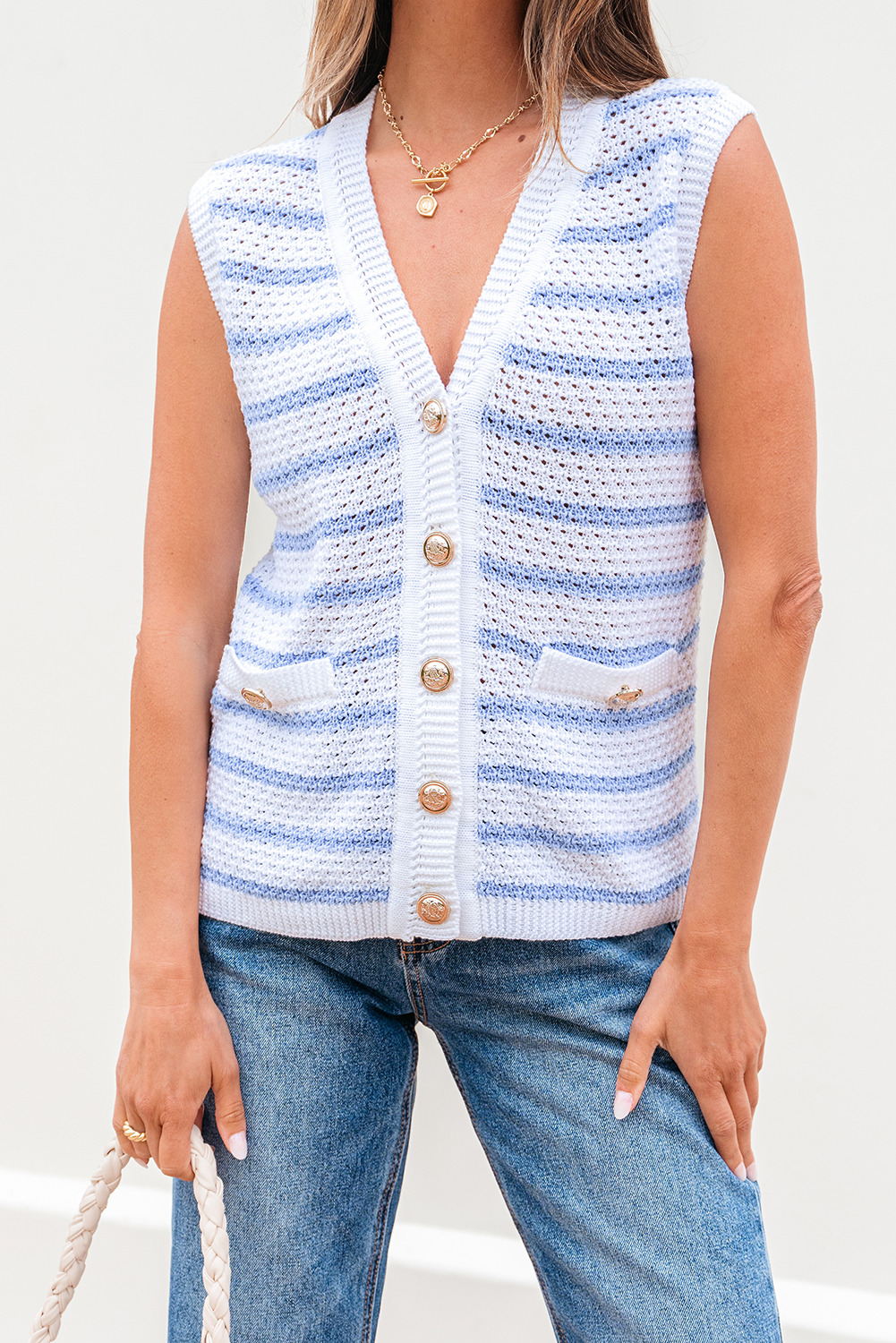 Sky Blue Stripe V Neck Gold Buttons Elegant Sweater Vest - loveforevers
