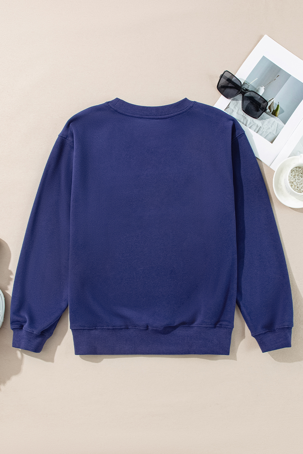 Navy Blue Plain Drop Shoulder Crewneck Pullover Sweatshirt - loveforevers