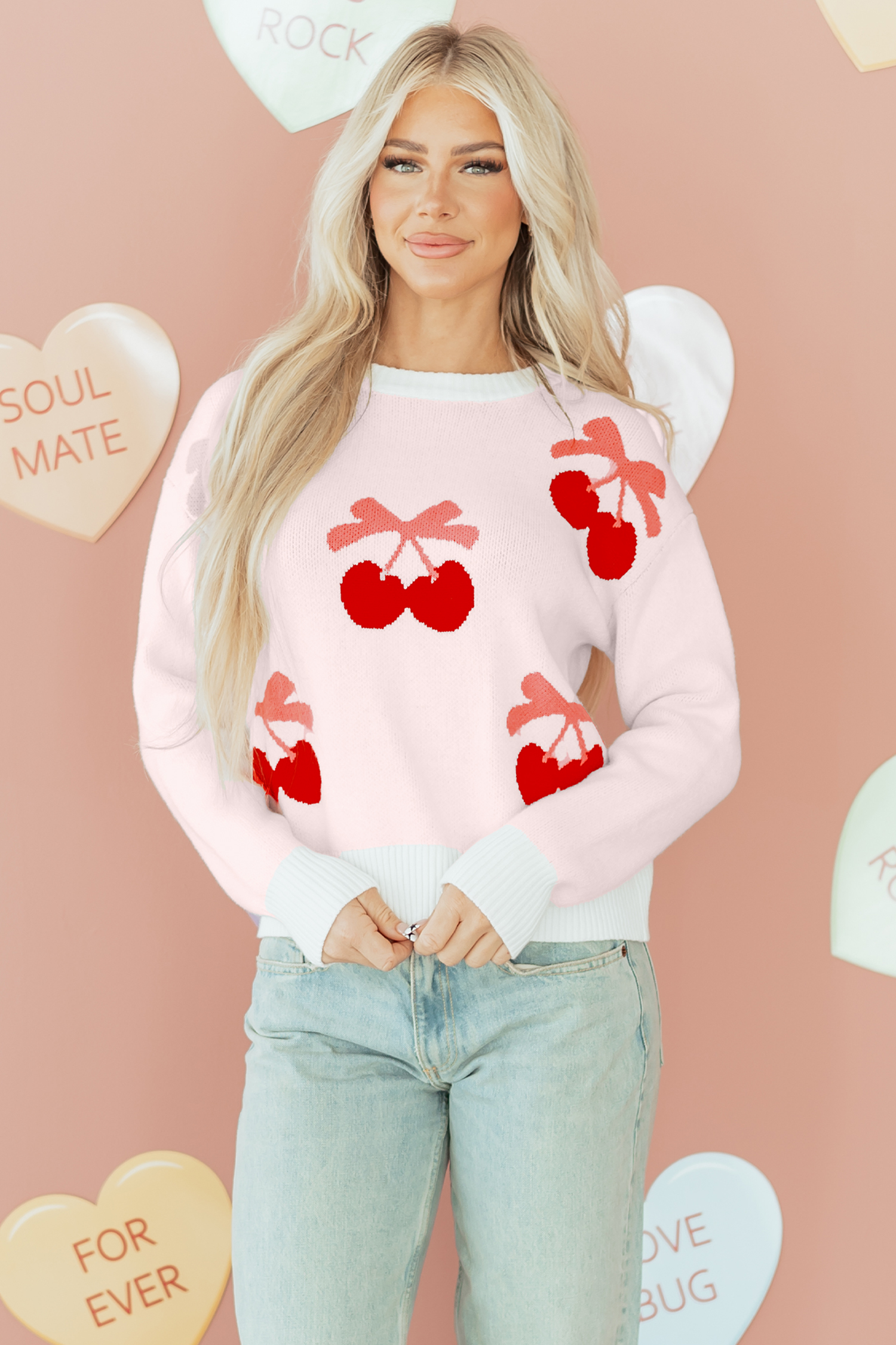White Cherry Pattern Drop Shoulder Sweater - loveforevers