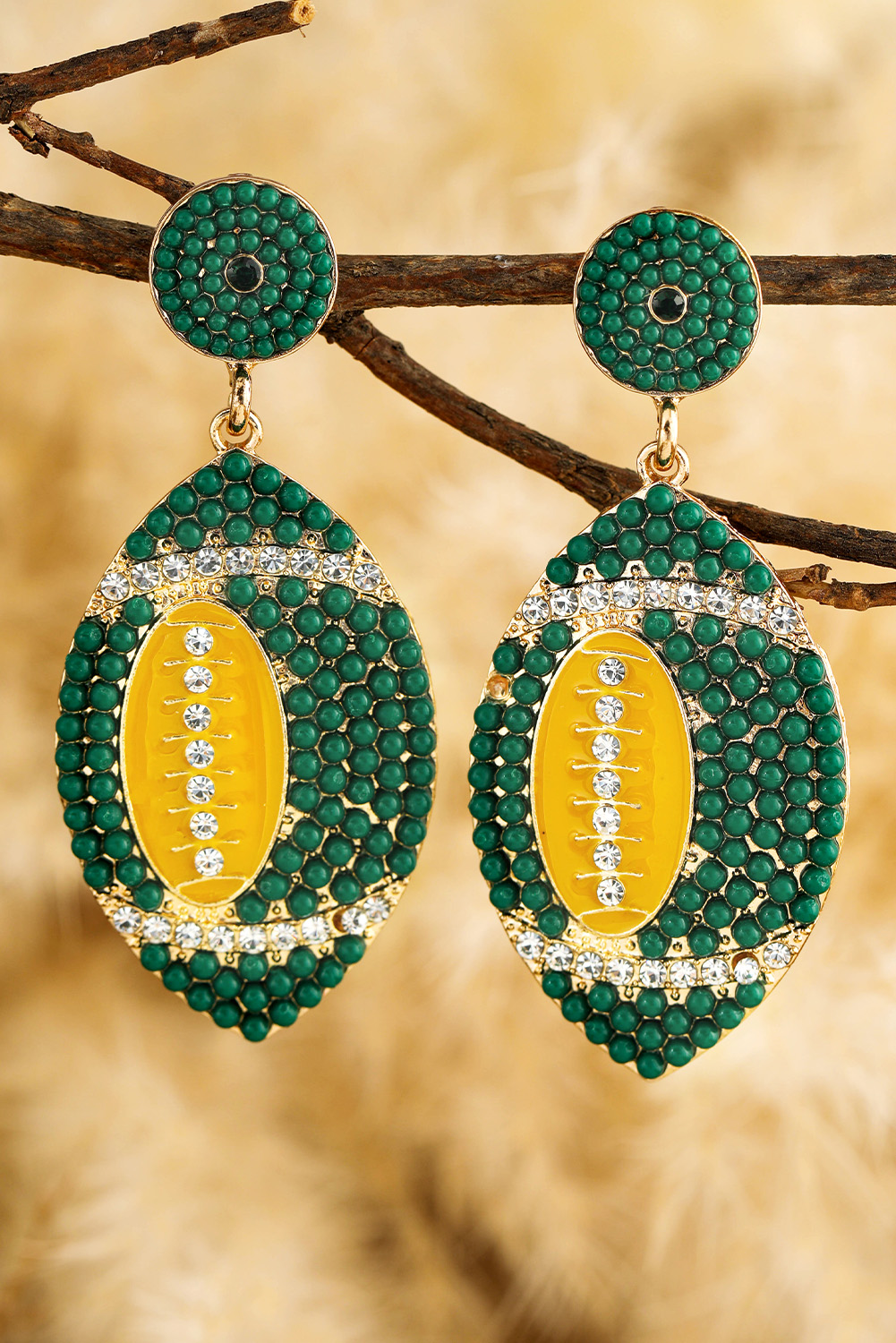 Dark Green Beaded Rhinestone Rugby Football Drop Earrings - loveforevers