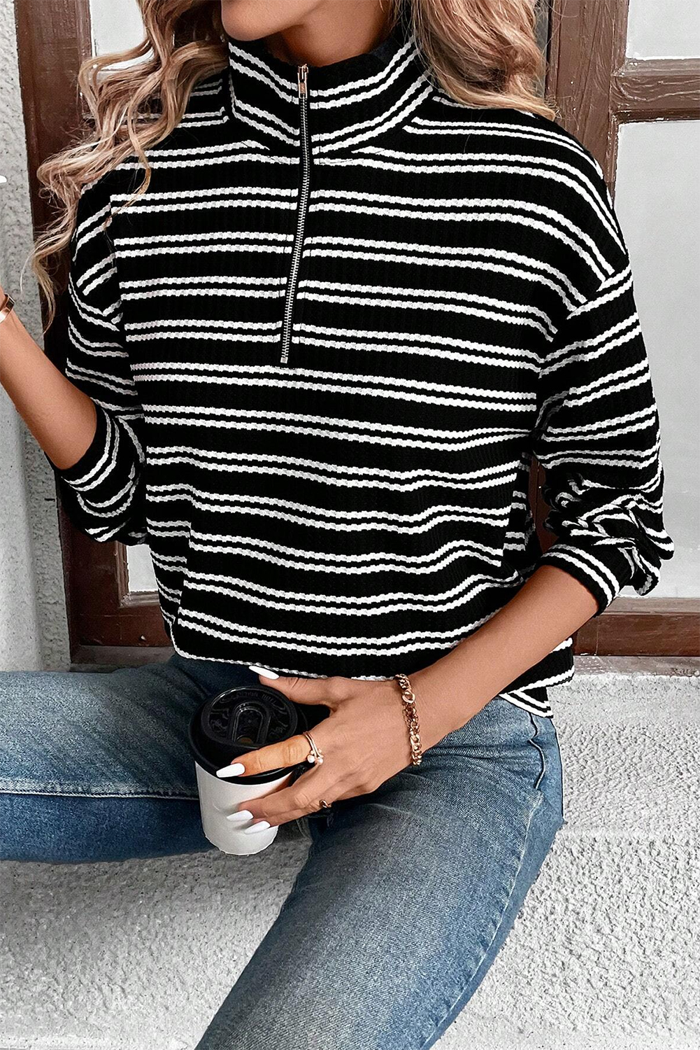 Black Stripe Textured Quarter Zip Collar Long Sleeve Top - loveforevers