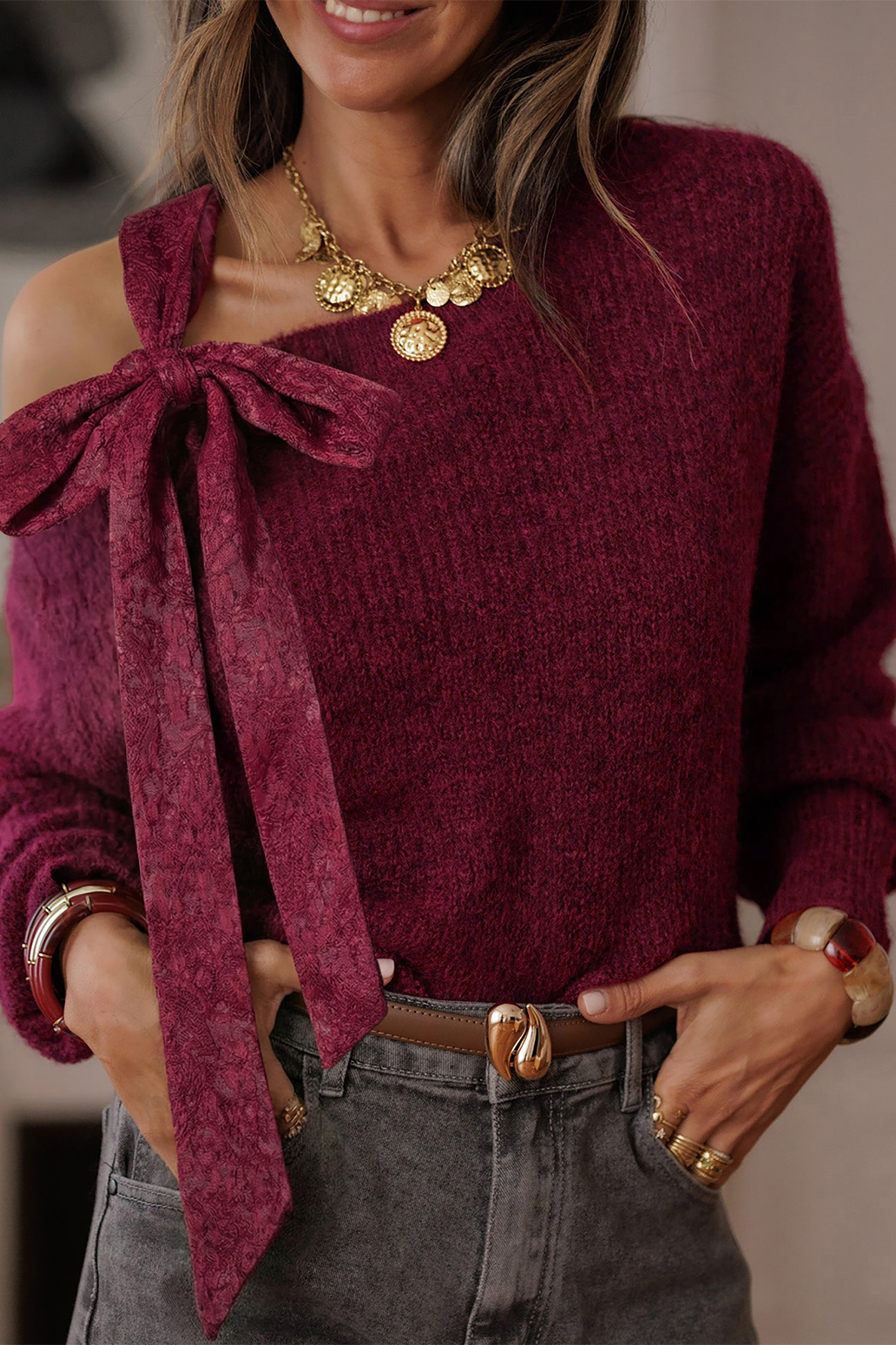 Burgundy Lace Bowknot Asymmetric Neck Sweater - loveforevers