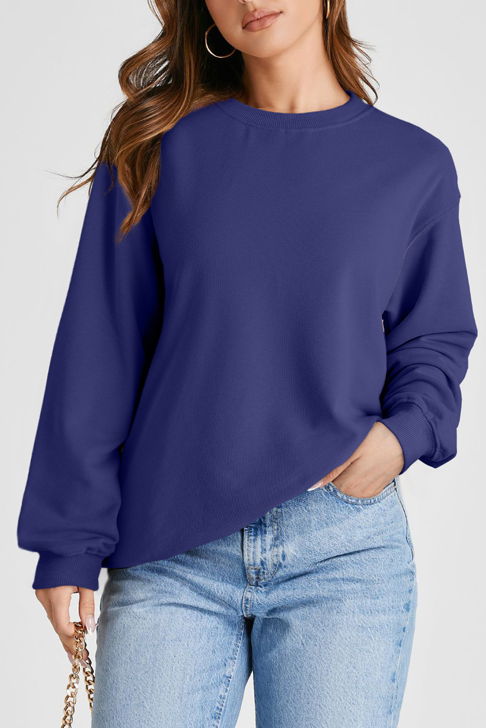 Navy Blue Plain Drop Shoulder Crewneck Pullover Sweatshirt - loveforevers