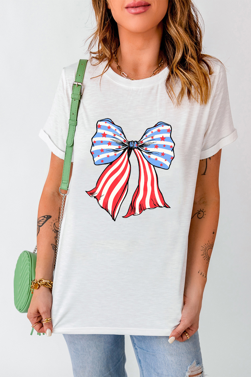 Khaki American Flag Bow Knot Print Round Neck T Shirt - loveforevers