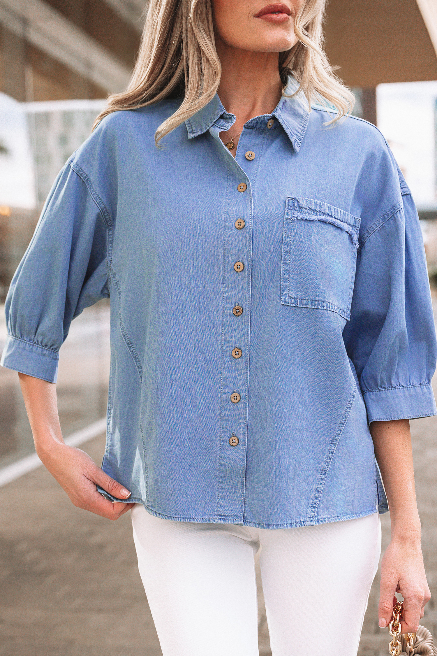 Myosotis Washed Drop Shoulder Bracelet Sleeve Chambray Shirt - loveforevers