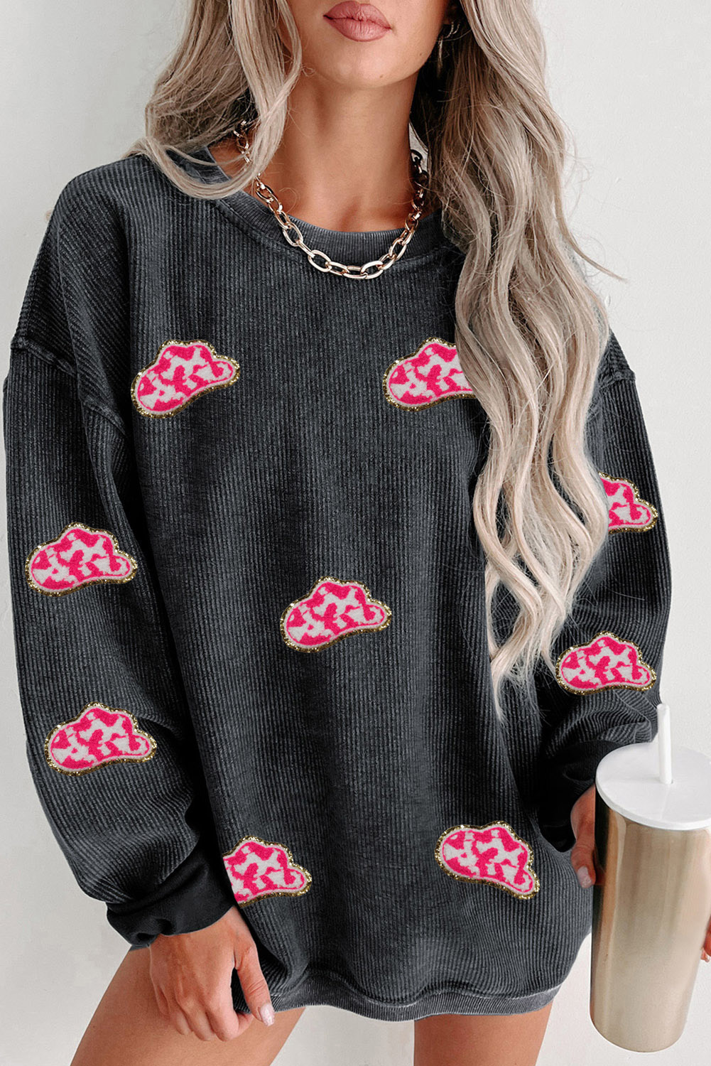 Pink Solid Ribbed Knit Round Neck Pullover Sweatshirt - loveforevers