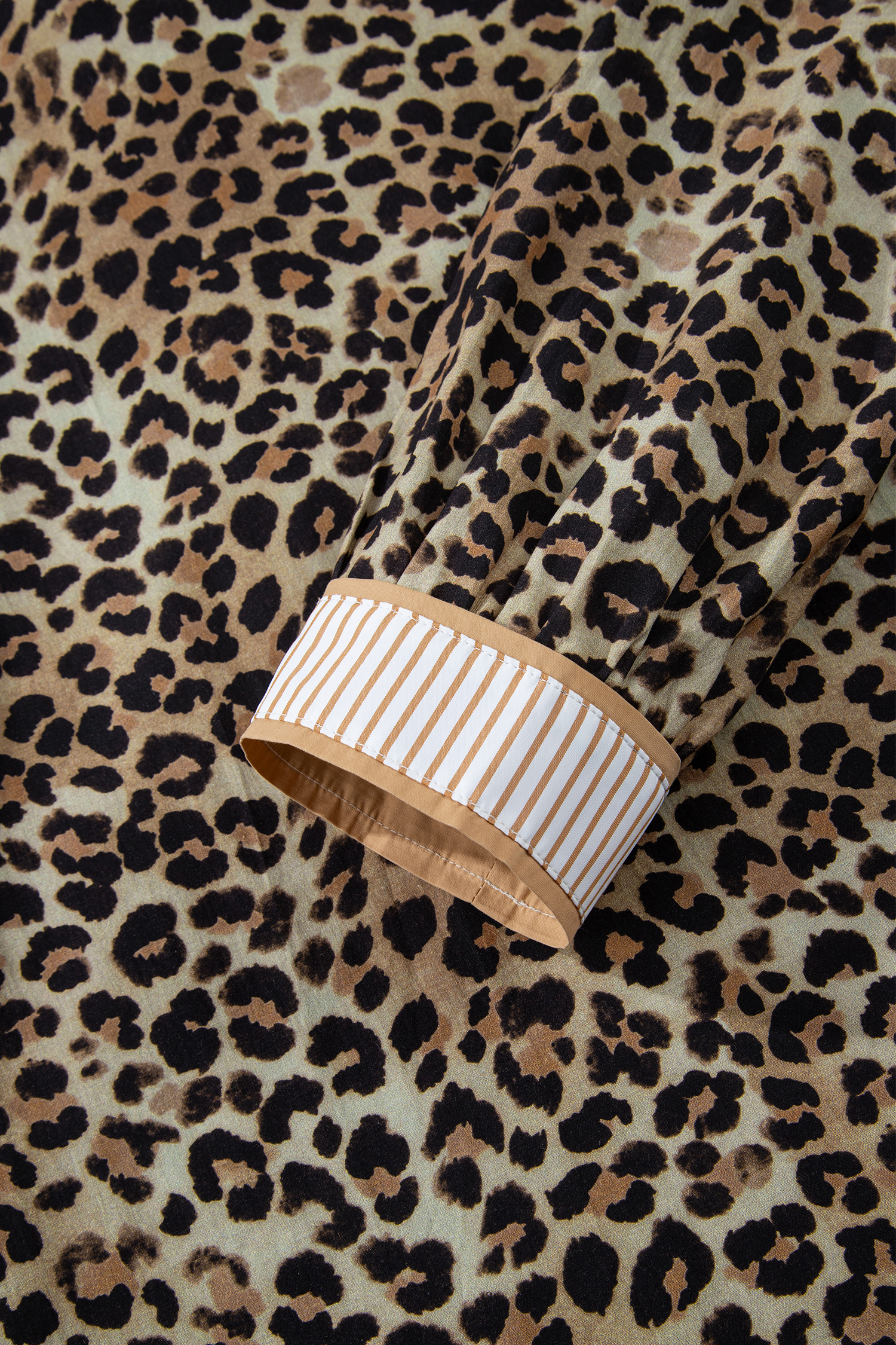 Khaki Contrast Striped Trim V Neck Leopard Shirt - loveforevers