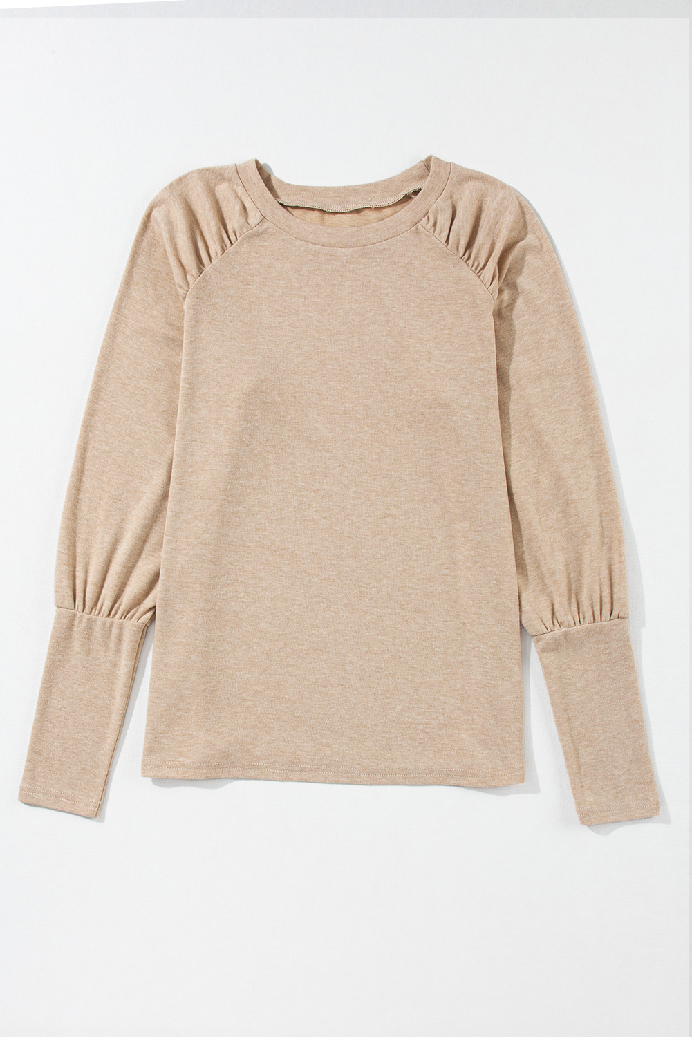 Pale Khaki Solid Ruched Raglan Sleeve Knit Top - loveforevers
