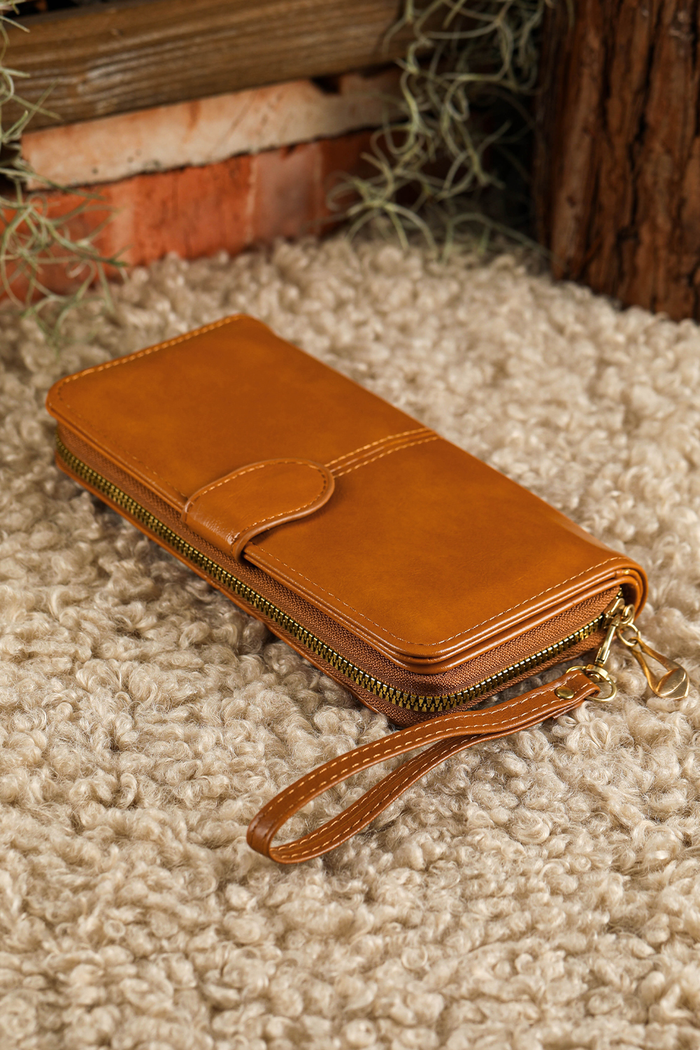 Cinnamon Faux Leather Zip Around Wrist Strap Long Wallet - loveforevers