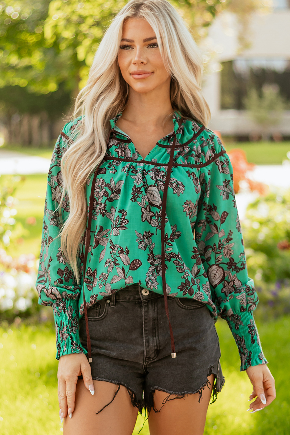 Green Leaves Print Contrast Trim V Neck Shirred Puff Sleeve Blouse - loveforevers