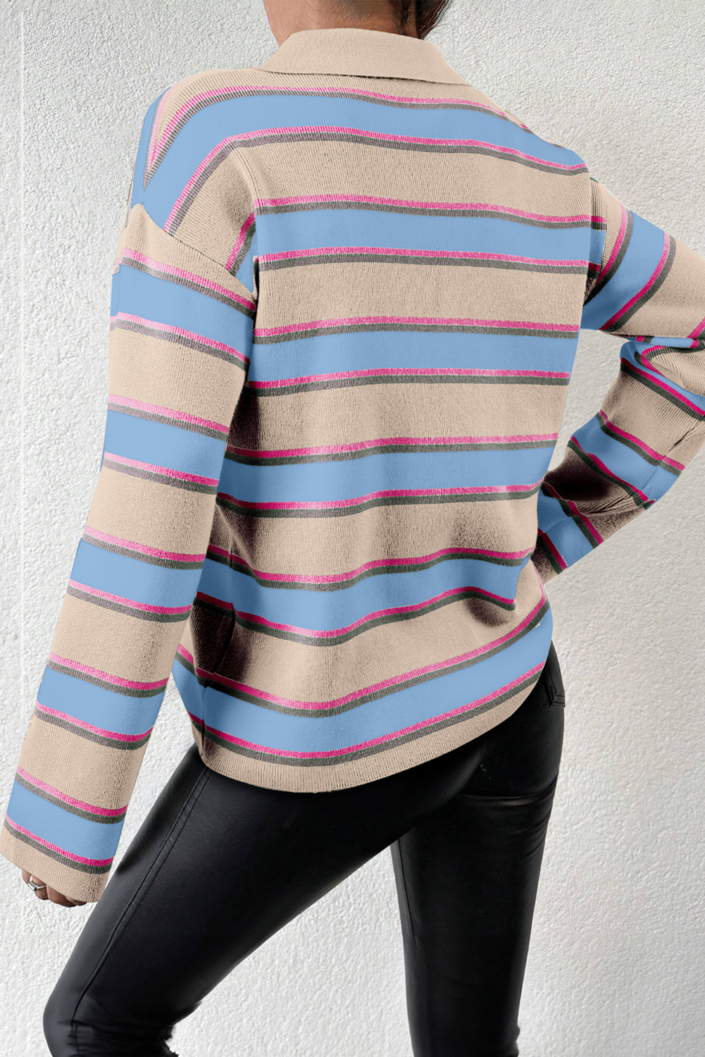 Apricot Stripe Collared V Neck Drop Shoulder Loose Sweater - loveforevers
