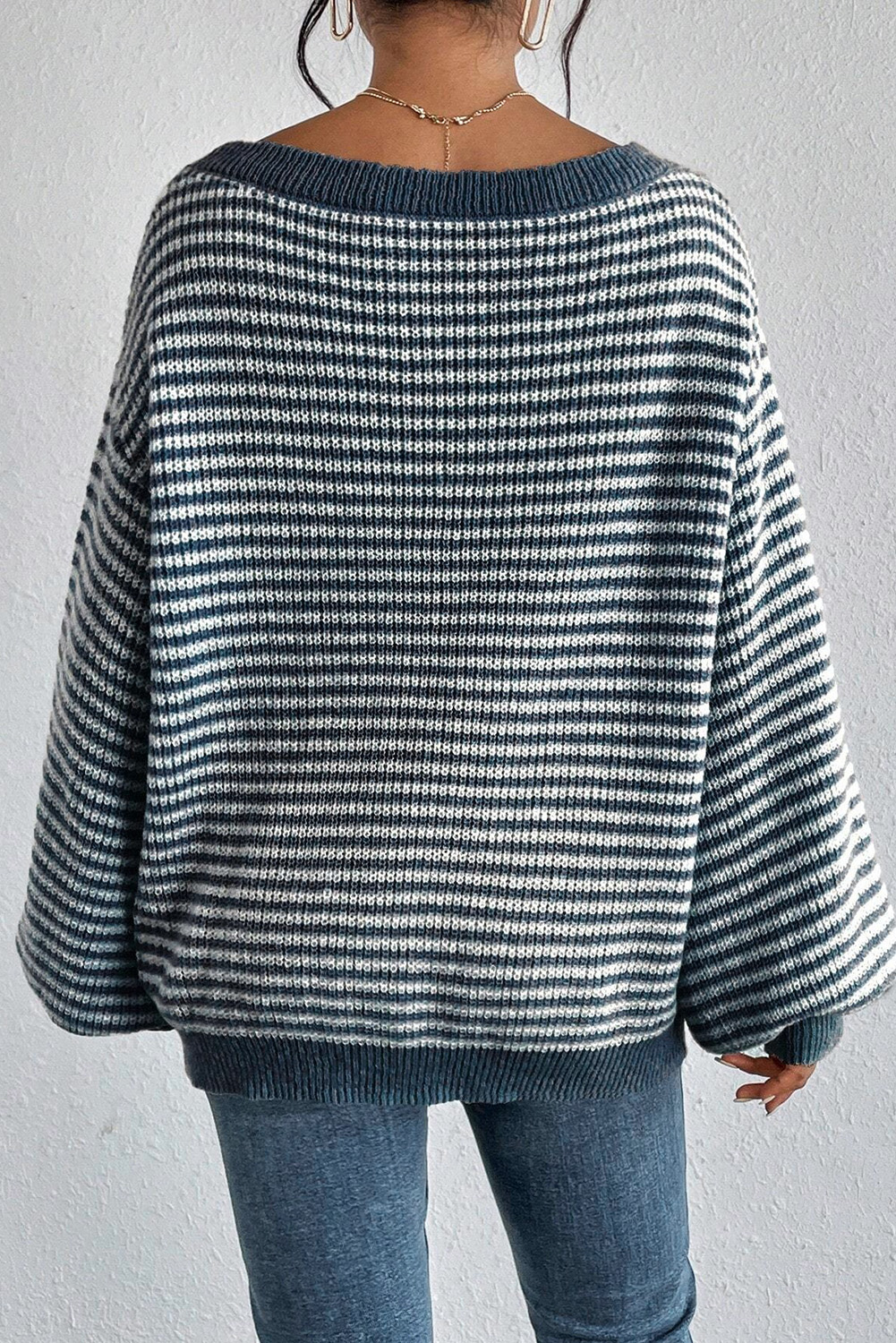 Sail Blue Striped Lantern Sleeve Drop Shoulder Cozy Sweater - loveforevers