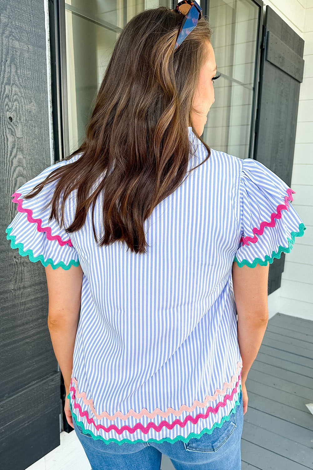 Sky Blue Stripe Ricrac Trim Split Neck Striped Ruffled Sleeve Blouse - loveforevers