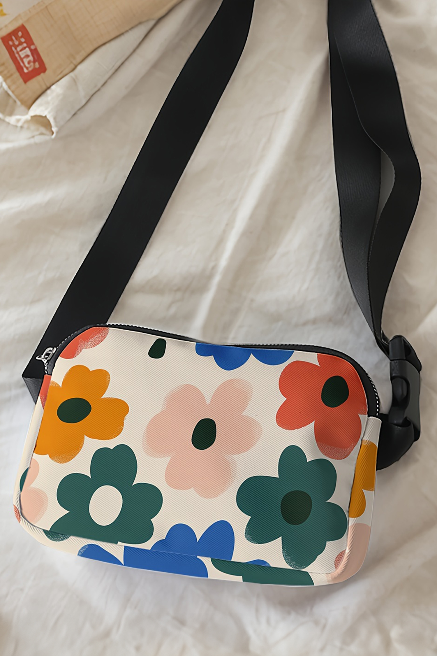 White Cute Flower Printed Canvas Crossbody Bag - loveforevers