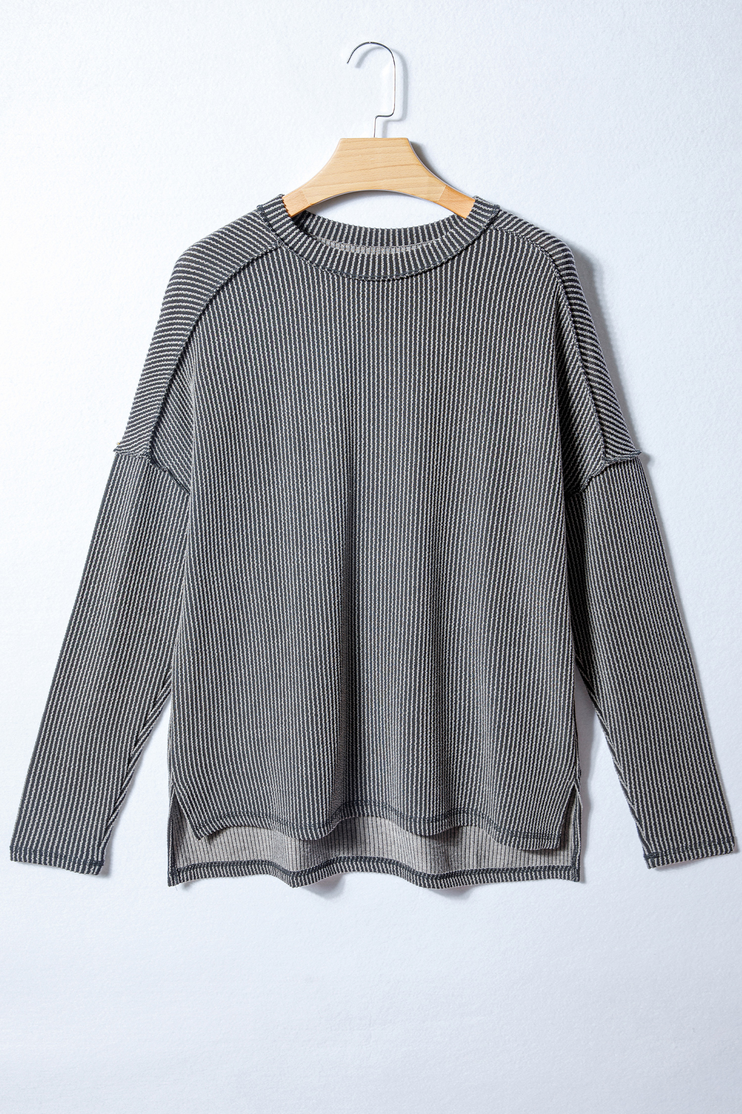 Dark Khaki Twist Ribbed Exposed Seam Detail Long Sleeve Loose Top - loveforevers