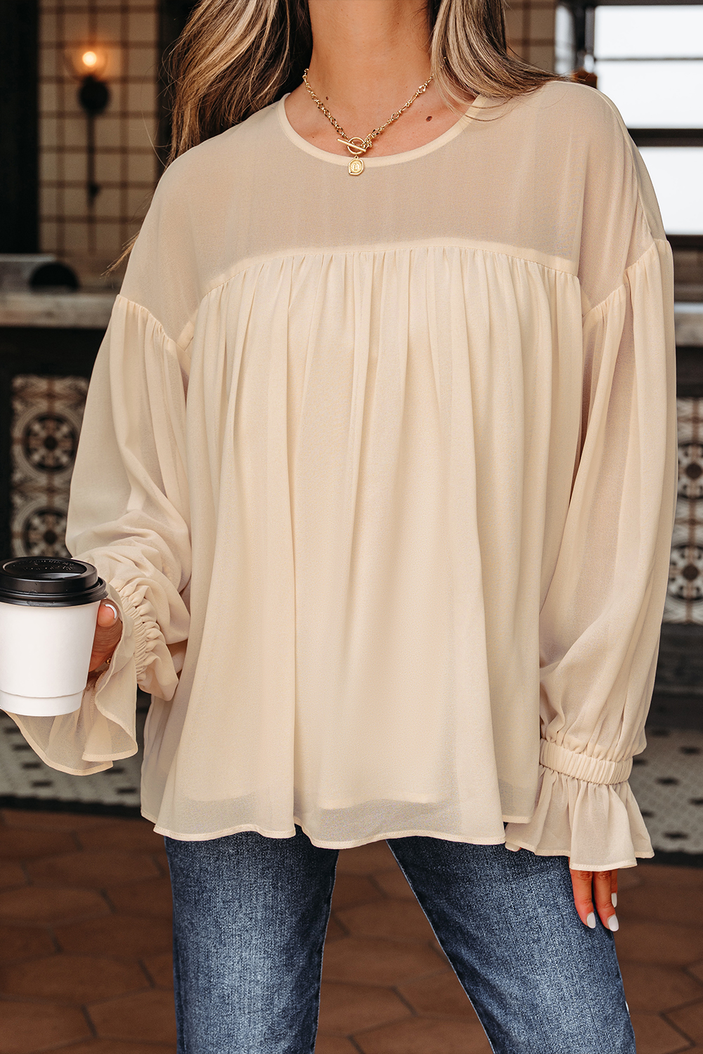 Parchment Pleated Ruffle Long Sleeve Chiffon Blouse - loveforevers
