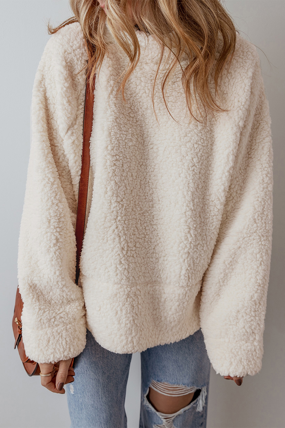 White Solid Fleece High Neck Drop Shoulder Pullover Sweatshirt - loveforevers