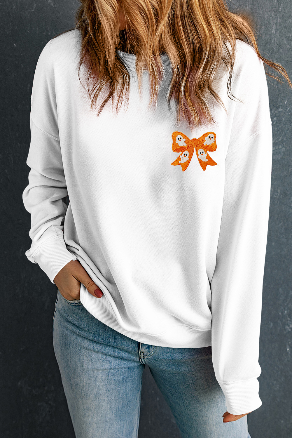 White Cute Halloween Ghost Bow Embroidered Graphic Sweatshirt - loveforevers