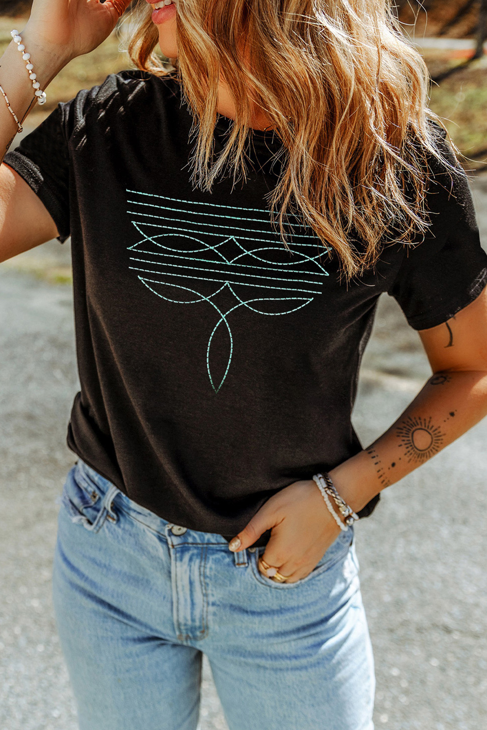 Black Western Fashion Geometric Embroidered T Shirt - loveforevers