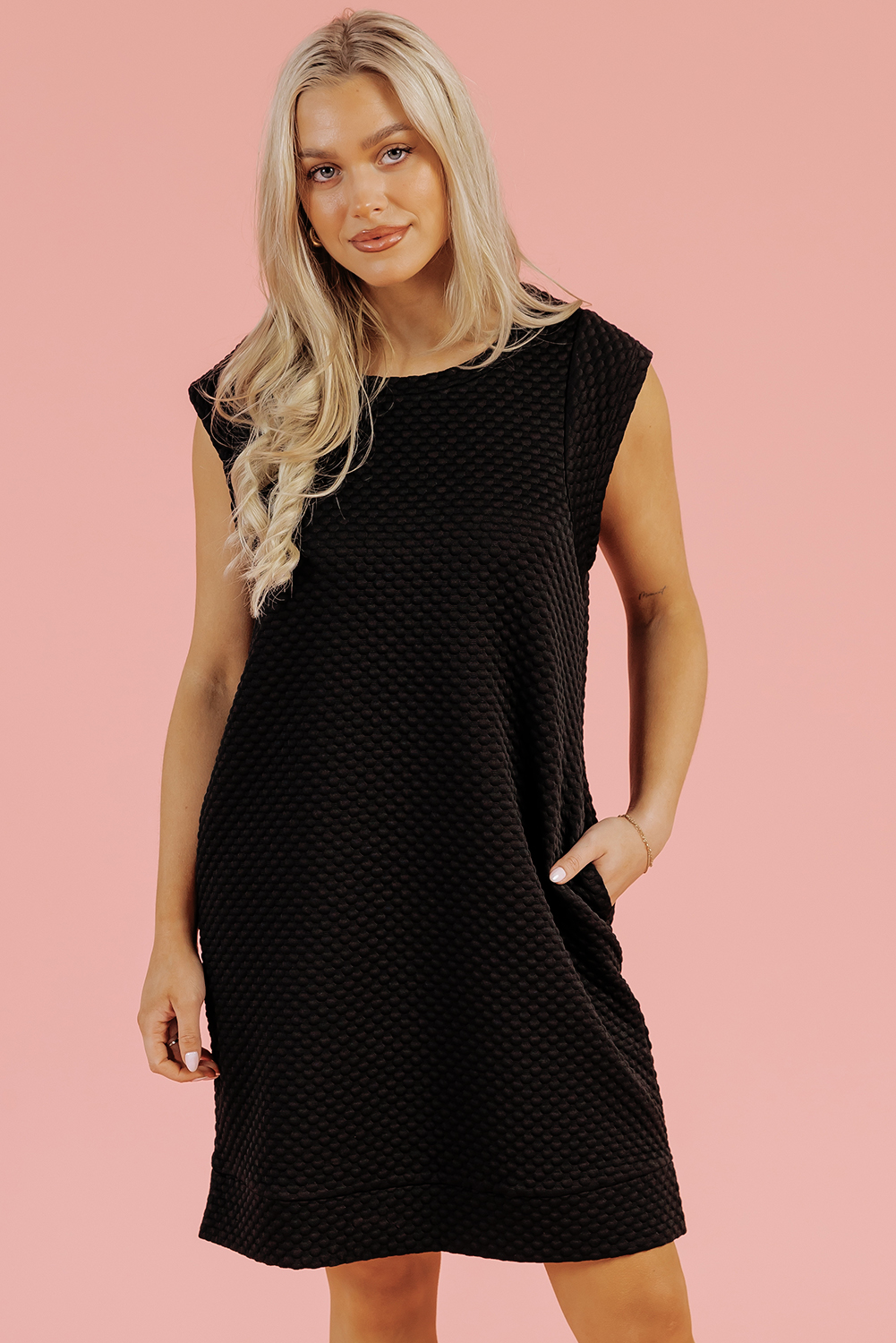 Black Textured Cap Sleeve T-shirt Shift Mini Dress - loveforevers