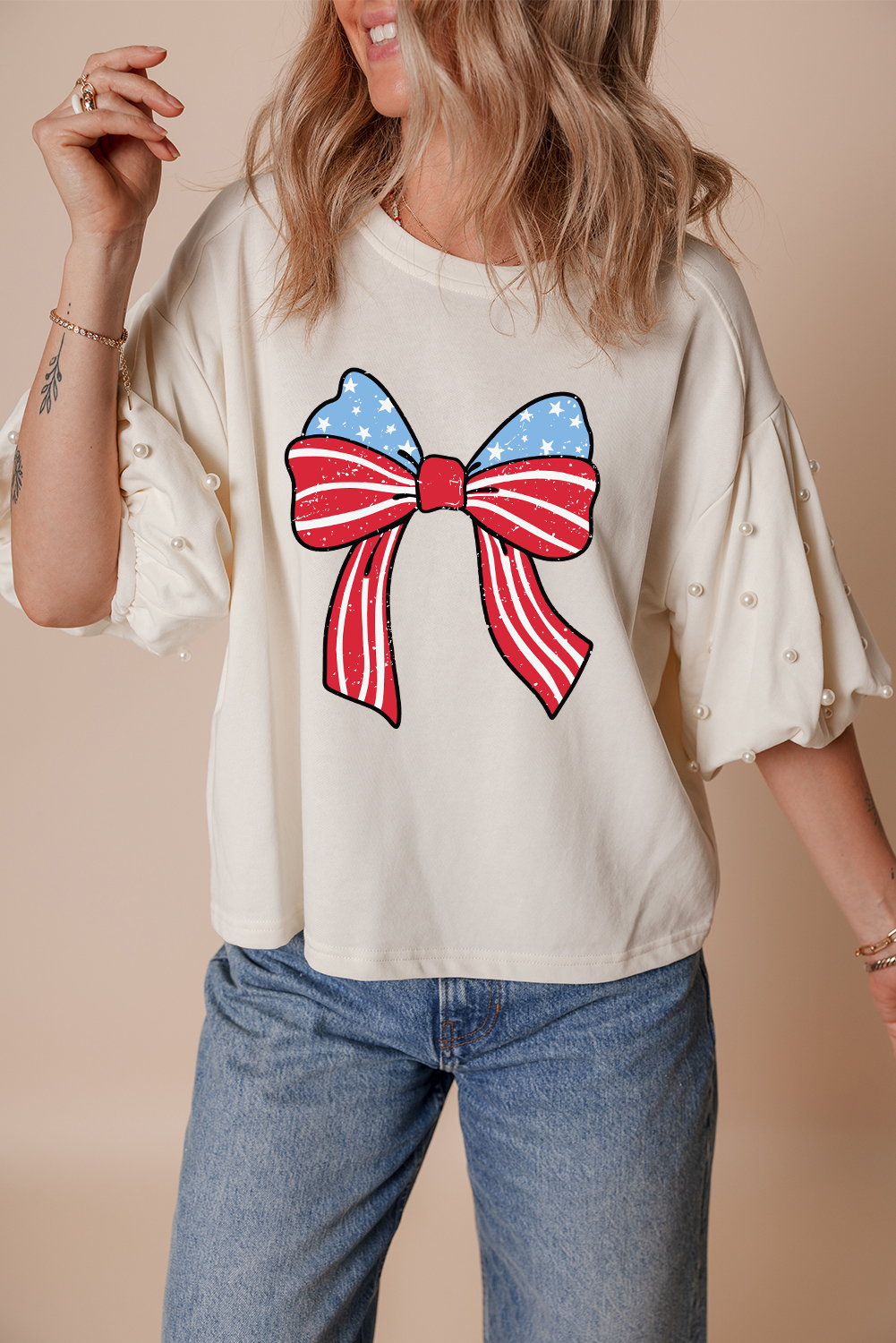 White Stars Stripes Bowknot Graphic Pearled Puff Half Sleeve T Shirt - loveforevers