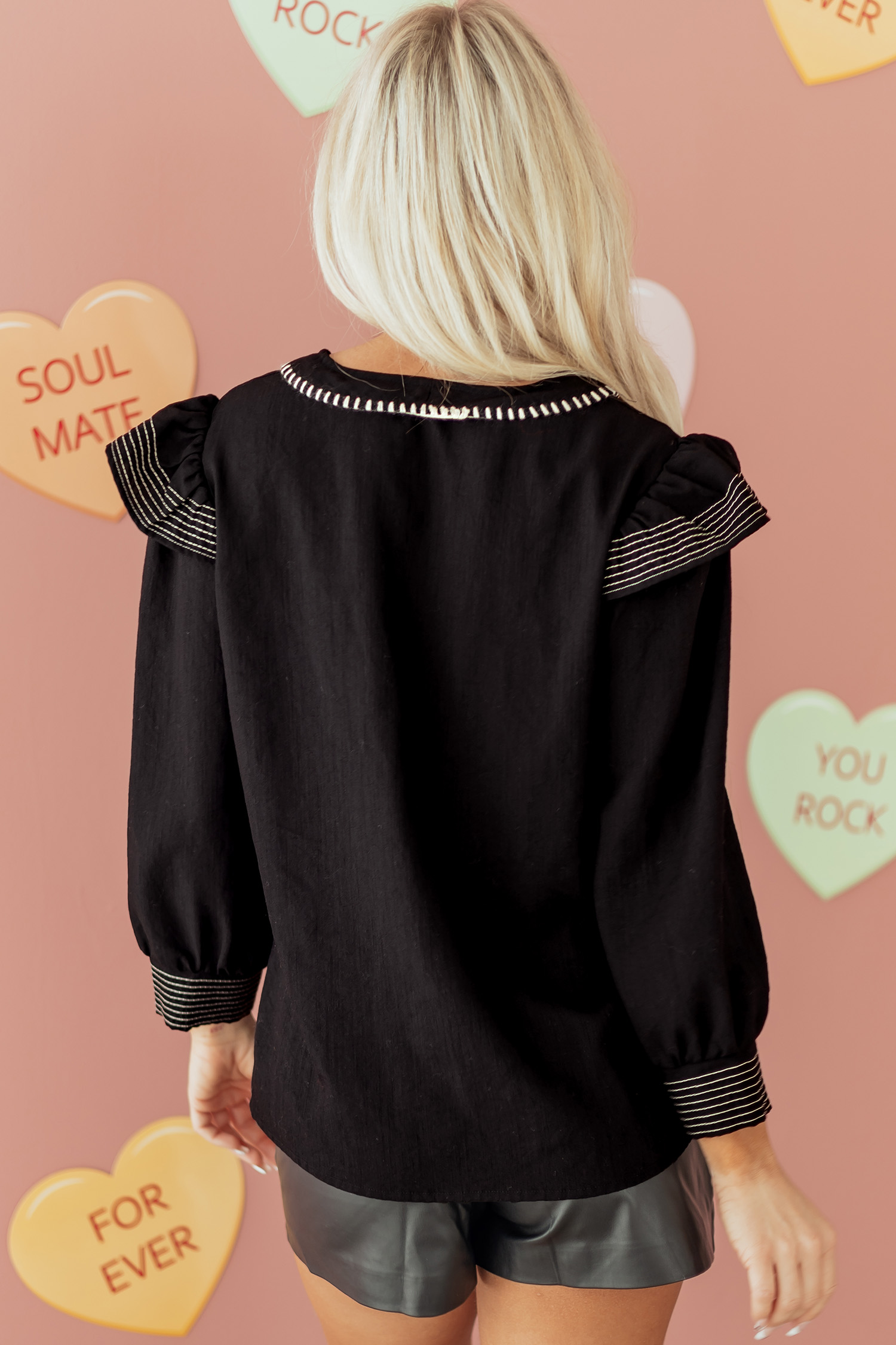 Black Contrast Stitched Detail V Neck Ruffle Long Sleeve Blouse - loveforevers