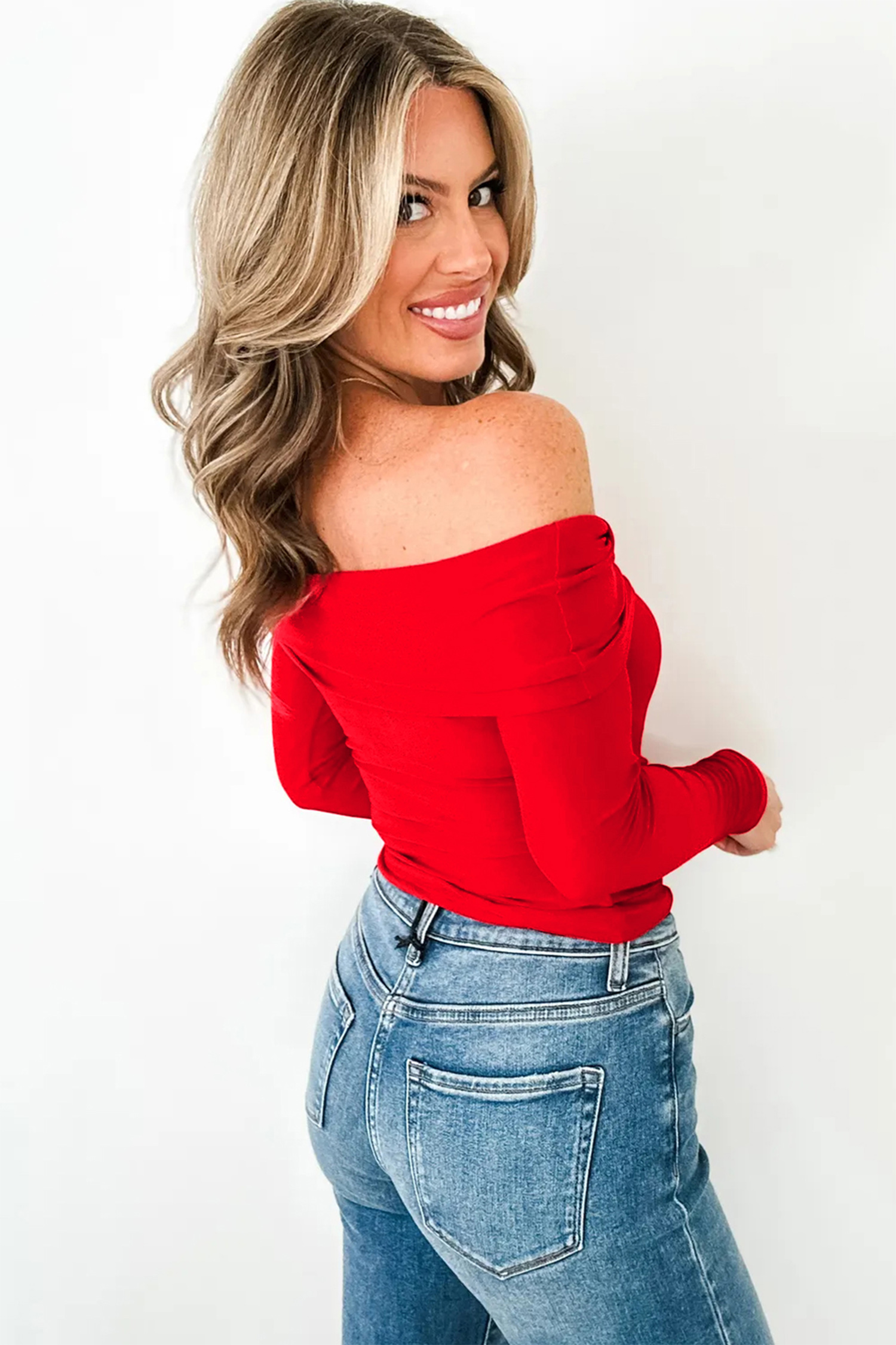 Fiery Red Foldover Off Shoulder Long Sleeve Slim Top - loveforevers